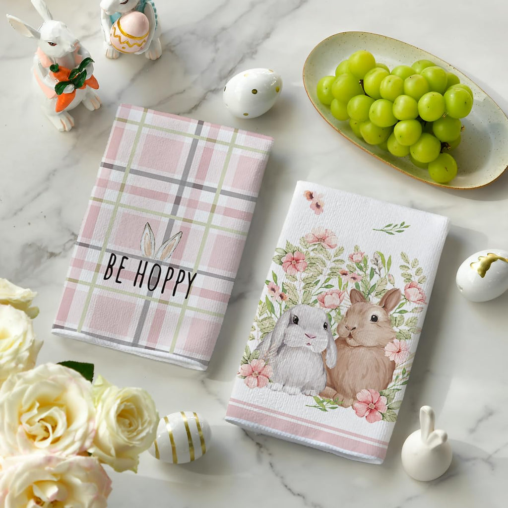 Artoid Mode Pink Bunny Rabbit Ears Floral Leaves Easter Kitchen Towels Dish Towels, 18x26 Inch Be Kind Seasonal Decoration Hand Towels Set of 4