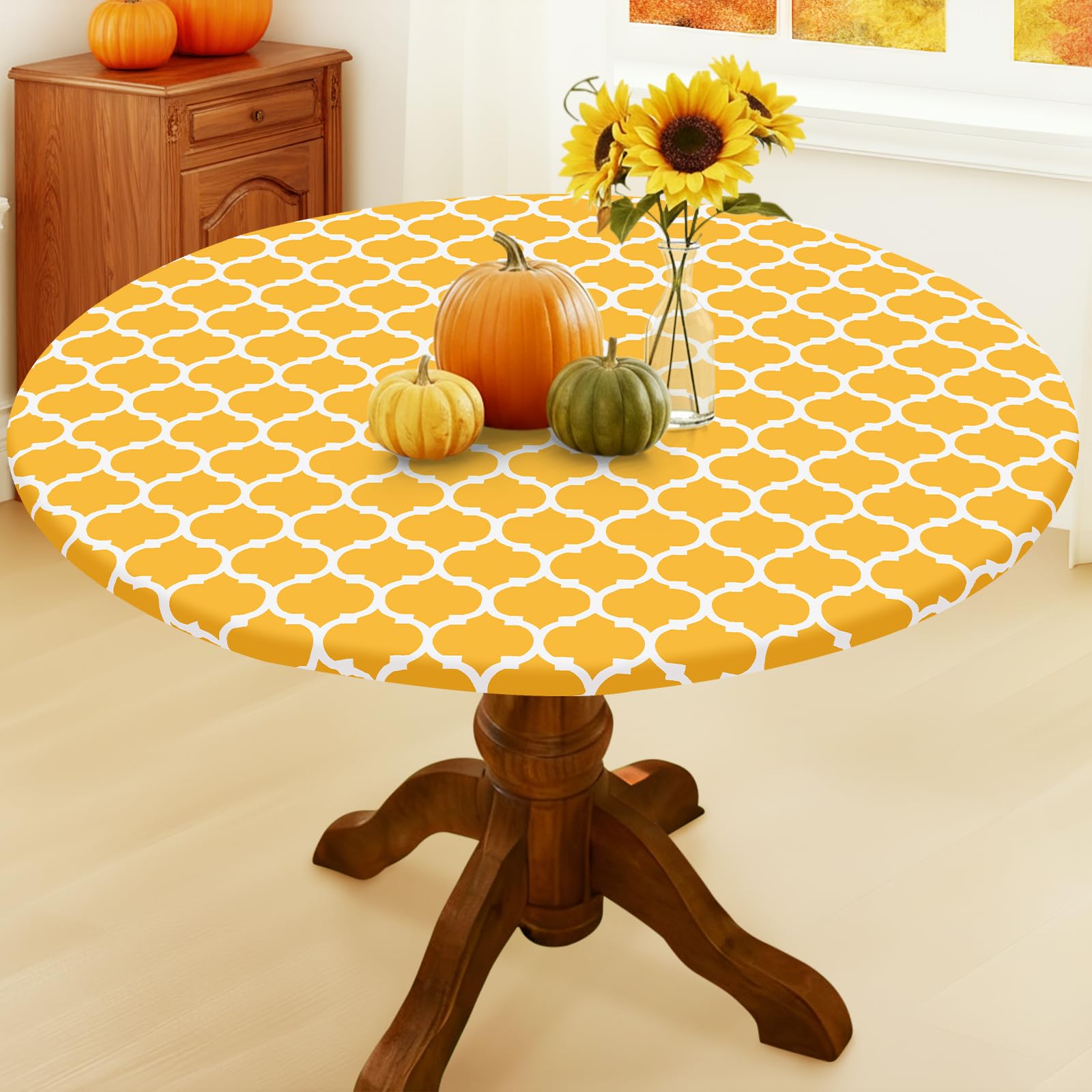 Smiry Round Picnic Tablecloth, Waterproof Elastic Fitted Table Covers for 45" - 56" Tables, Wipeable Flannel Backed Vinyl Tablecloths for Camping, Indoor, Outdoor, Grey & White