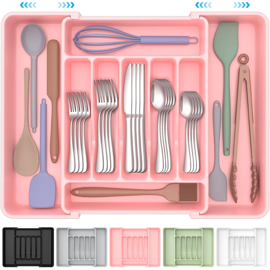 Extra Large Expandable Silverware Organizer, BPA-Free Food-Safe Cutlery Flatware Organizer, Kitchen Utensil Drawer Organizer, Adjustable Silverware Holder for Spoons Forks Knives, Black