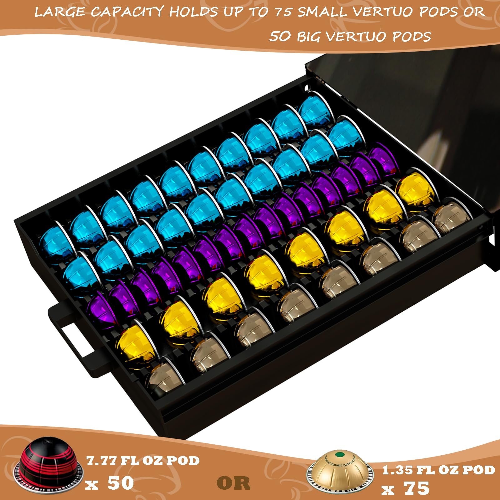 Vertuo Pod Holder Drawer with Deluxe Black Tempered Glass Top, Compatible for Nespresso VertuoLine Pods, Holds up to 75 Small or 50 Big Vertuo Pods Compact Design (Piano Black Nespresso Pods Holder)