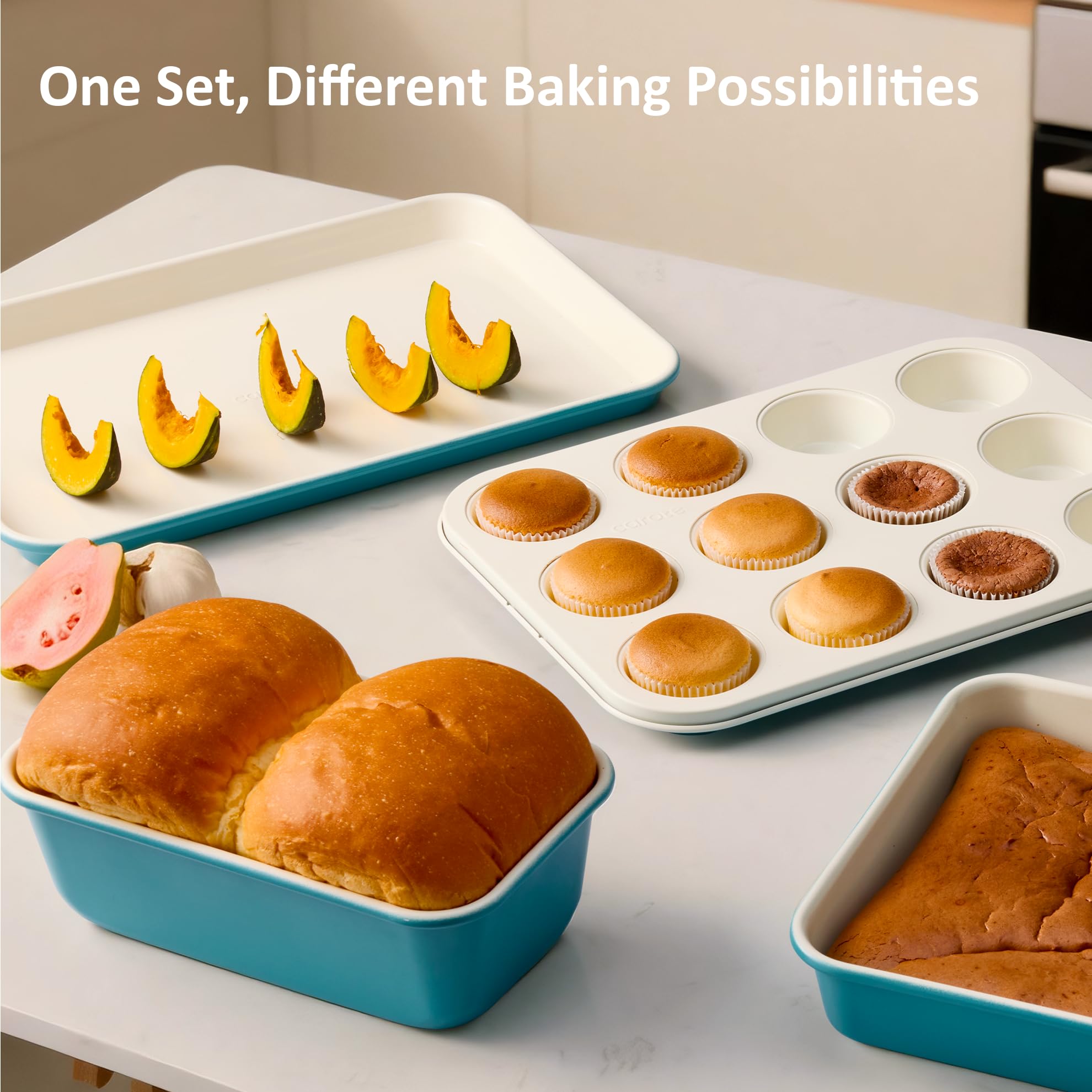 CAROTE 6-Piece Nonstick Ceramic Baking Pans Set - Bakeware Sets Including Cookie Sheets for Baking, Muffin Pan, Bread Pan, Cake pan, Loaf Pan, Cooling Rack, Light Blue & Cream White