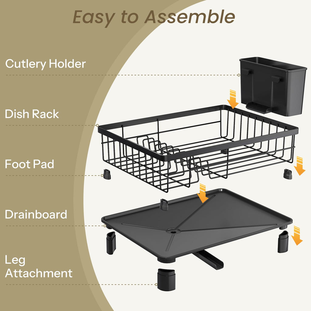 SNTD Dish Drying Rack - Small Dish Rack for Kitchen Counter, Stainless Steel Dish Drainer with Utensil Holder and Drainboard, 11" W x 15" L (Black)