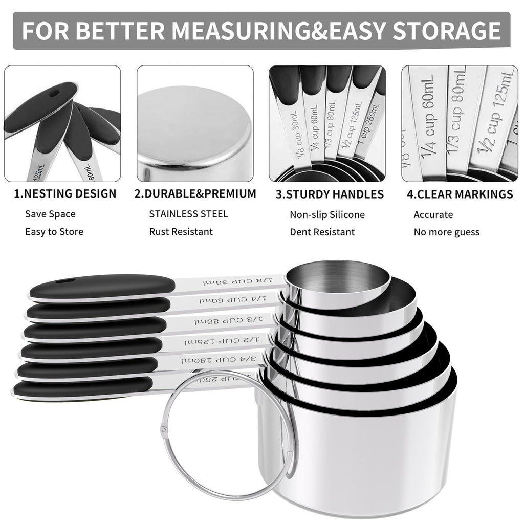 TILUCK measuring cups and magnetic measuring spoons set, stainless steel measuring cups, 6 double-sided stainless steel measuring spoons & 1 leveler (12)