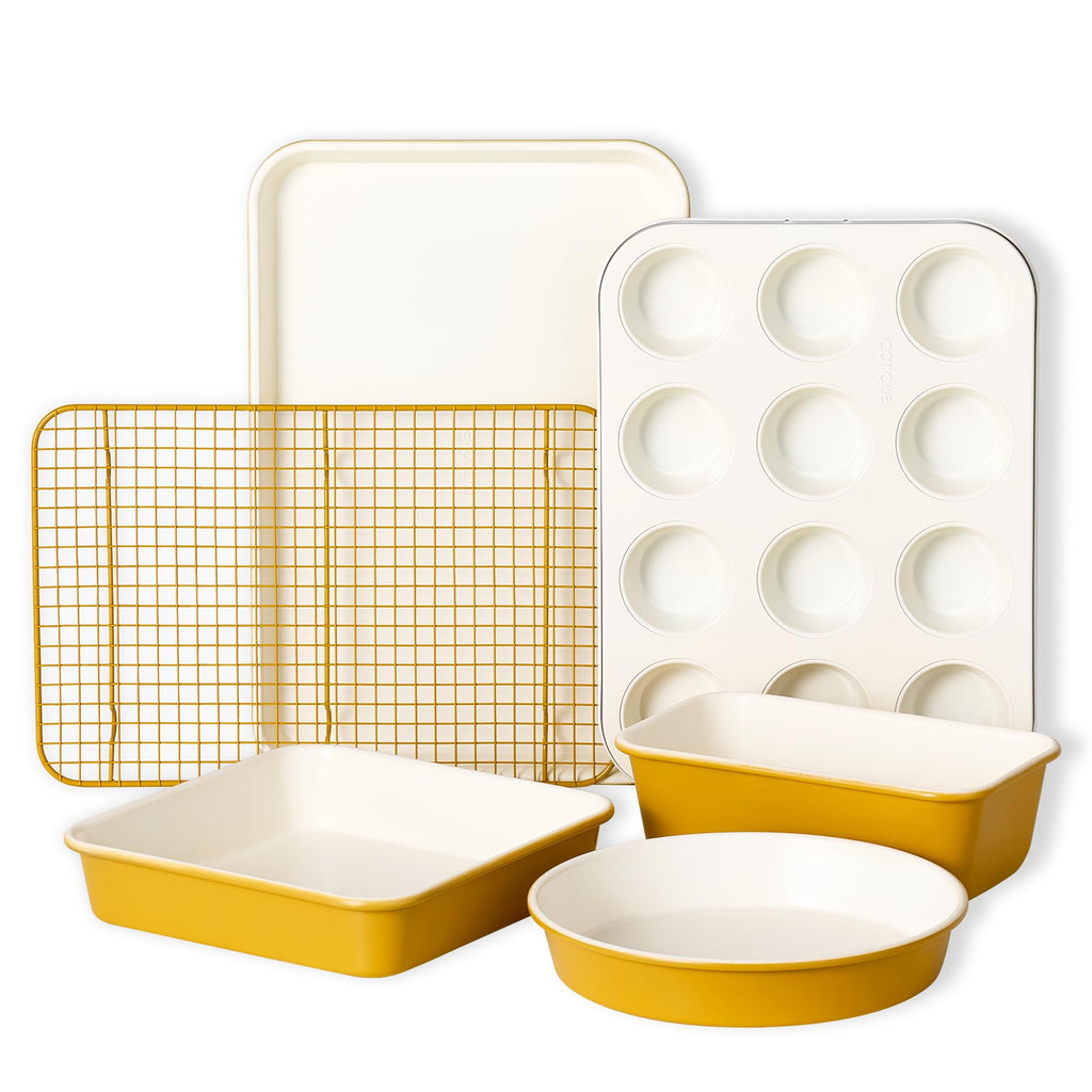 CAROTE 6-Piece Nonstick Ceramic Baking Pans Set - Bakeware Sets Including Cookie Sheets for Baking, Muffin Pan, Bread Pan, Cake pan, Loaf Pan, Cooling Rack, Light Blue & Cream White