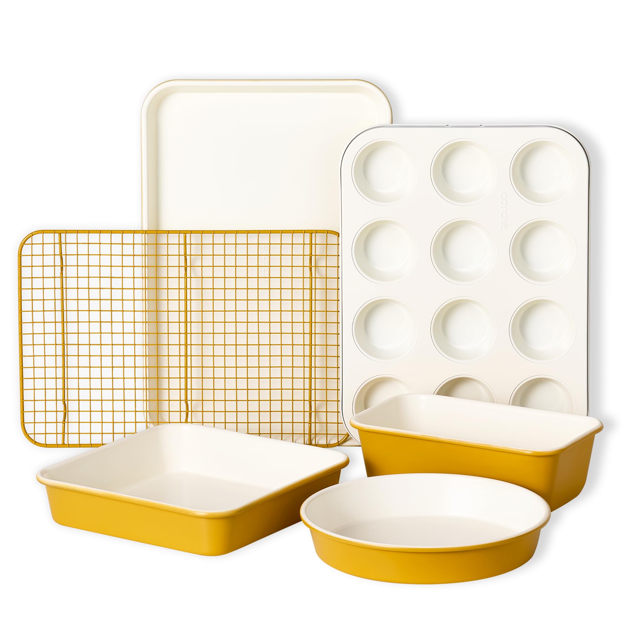 CAROTE 6-Piece Nonstick Ceramic Baking Pans Set - Bakeware Sets Including Cookie Sheets for Baking, Muffin Pan, Bread Pan, Cake pan, Loaf Pan, Cooling Rack, Light Blue & Cream White