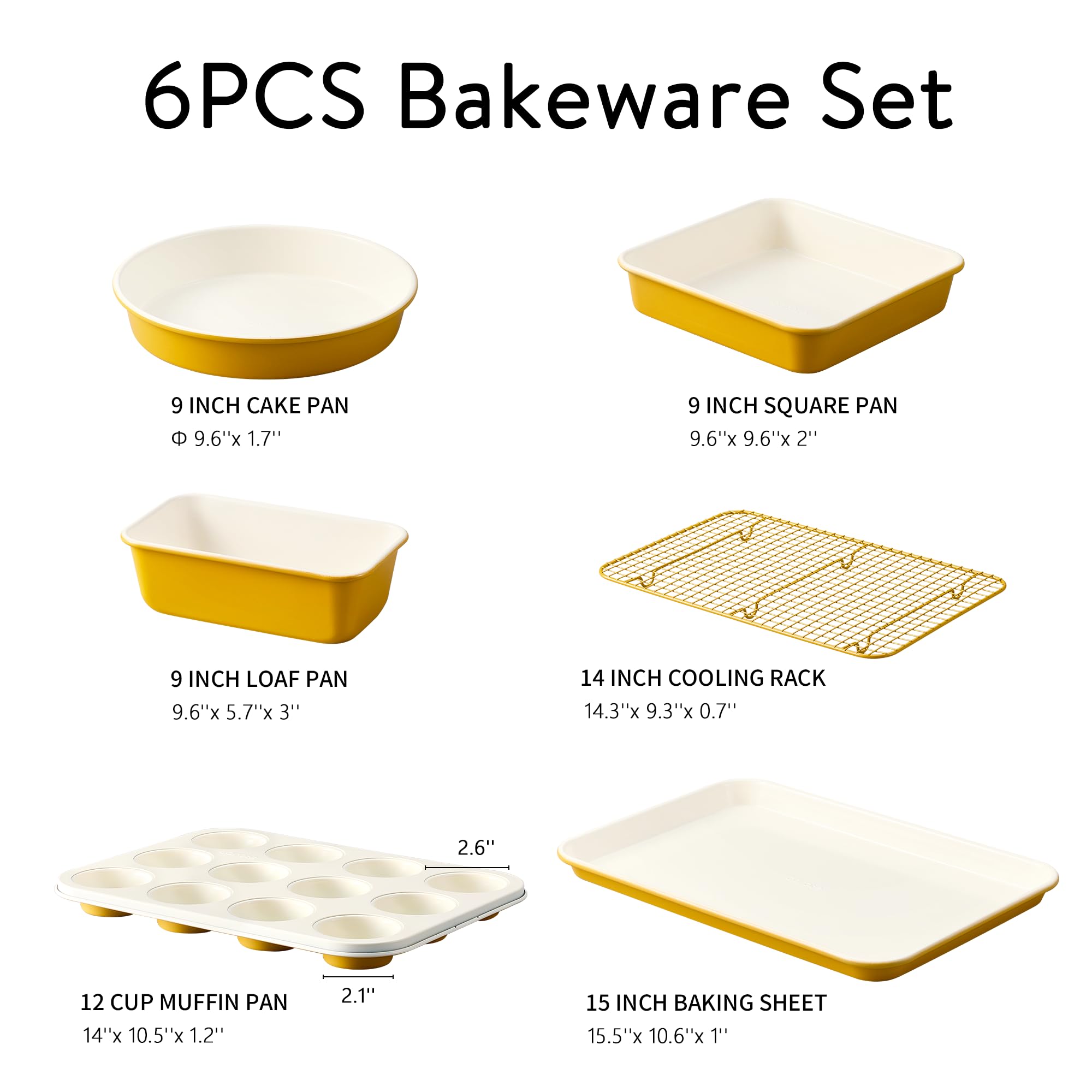 CAROTE 6-Piece Nonstick Ceramic Baking Pans Set - Bakeware Sets Including Cookie Sheets for Baking, Muffin Pan, Bread Pan, Cake pan, Loaf Pan, Cooling Rack, Light Blue & Cream White
