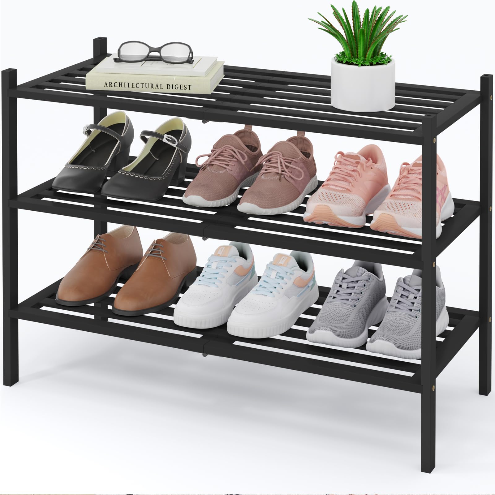 Smiry Bamboo Shoe Rack 3-Tier, Stackable Wooden Shoe Organizer for Entryway & Closet, Free Standing Wood Shoe Storage Shelf for Front Door & Small Spaces, Natural