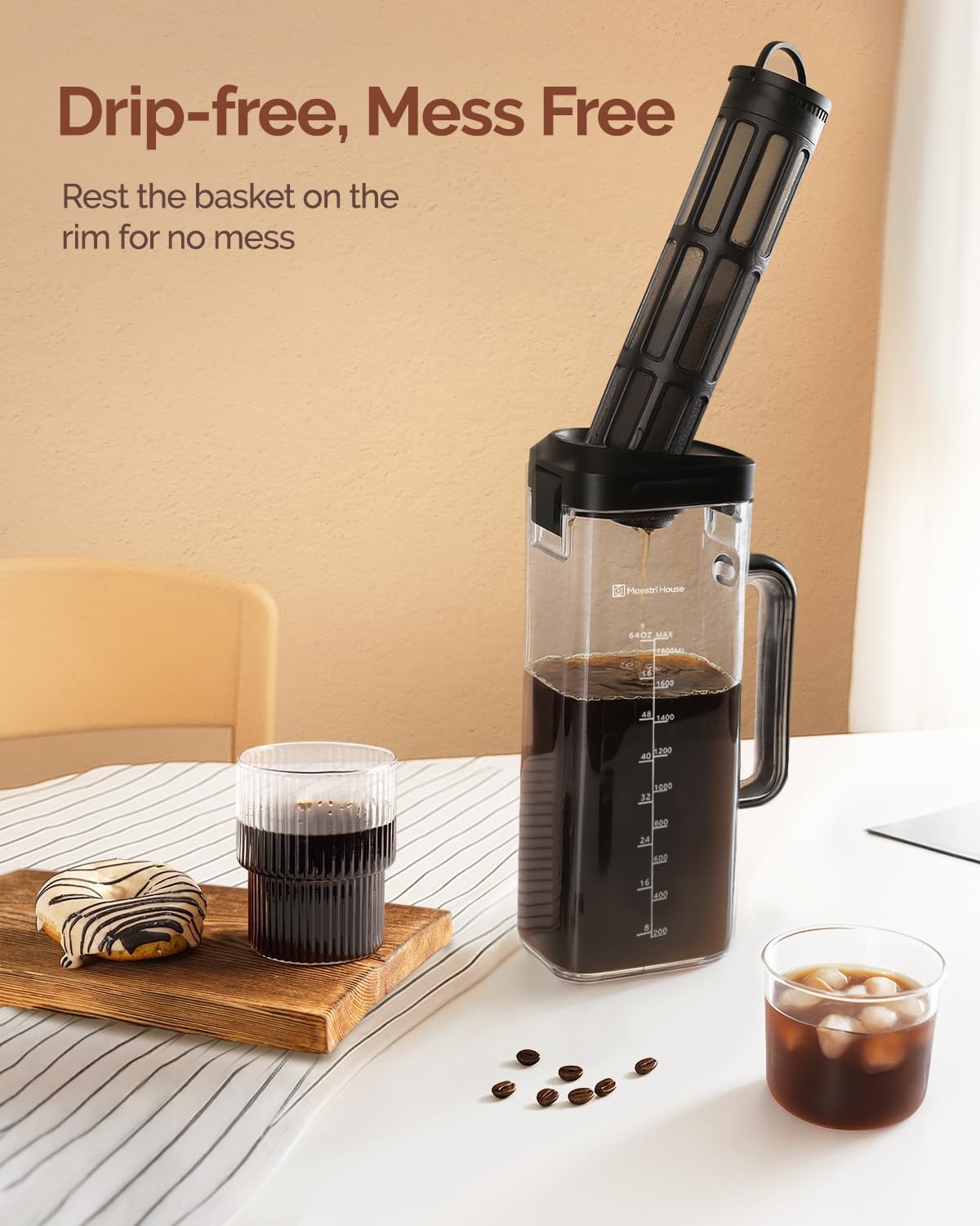 Maestri House Compact Cold Brew Coffee Maker, 40oz Iced Tea and Coffee Maker Brewer Space Saving Tritan Pitcher, 350 Mesh Filter, 100% Leak-Proof