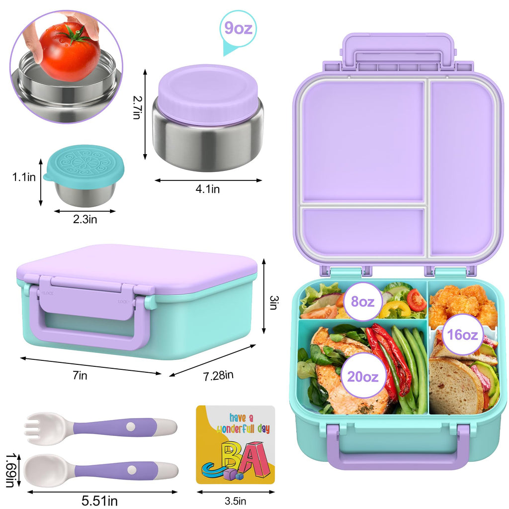 Kids Bento Lunch Box with 9oz Soup Thermo Leakproof Lunch Food Containers 4 Compartment with Insulated Hot Food Jar for Kid Toddler Girls Boys to School Trvael