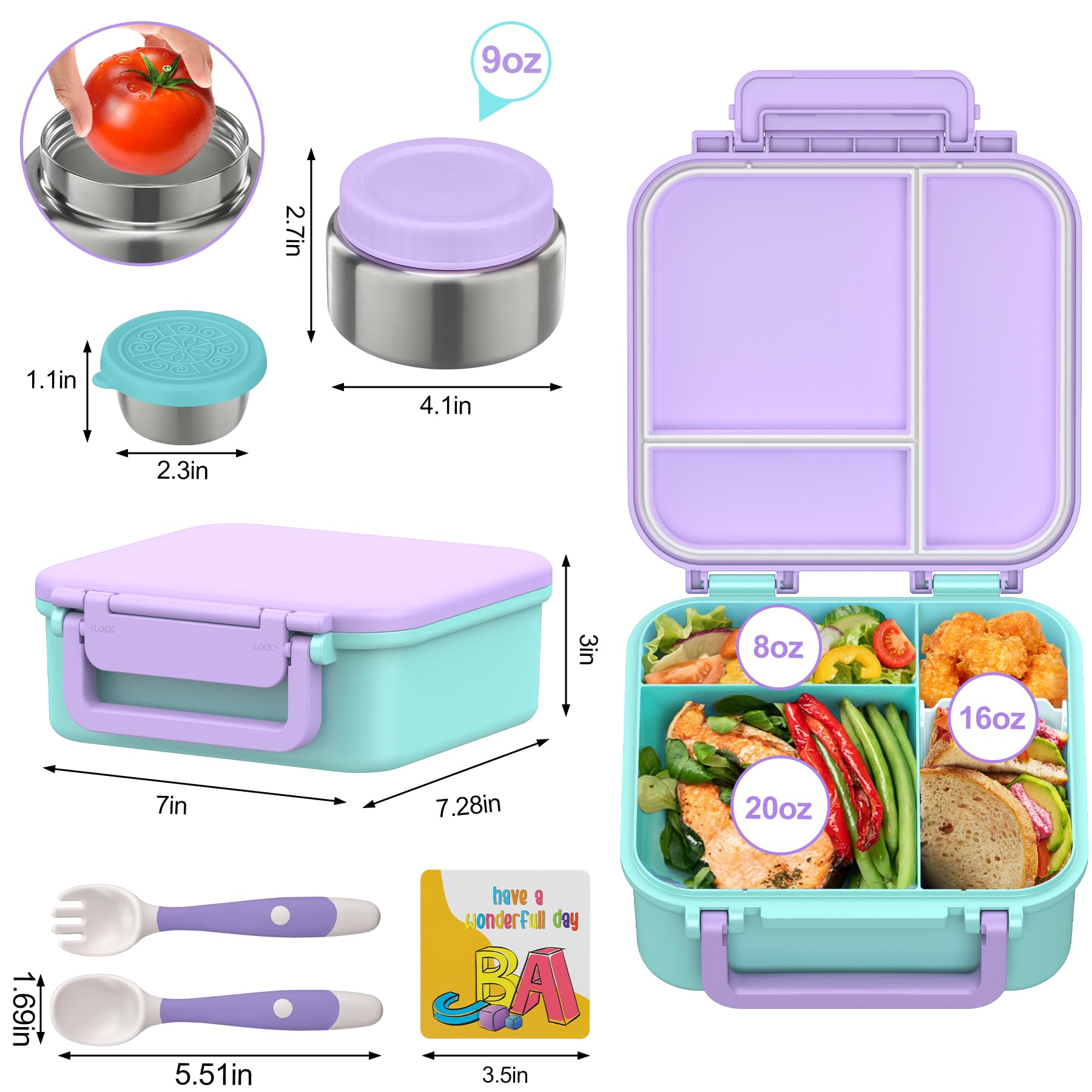 Kids Bento Lunch Box with 9oz Soup Thermo Leakproof Lunch Food Containers 4 Compartment with Insulated Hot Food Jar for Kid Toddler Girls Boys to School Trvael