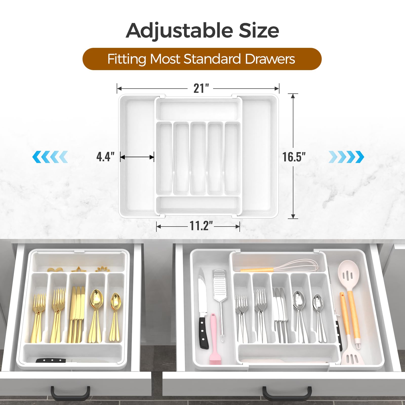 Extra Large Expandable Silverware Organizer, BPA-Free Food-Safe Cutlery Flatware Organizer, Kitchen Utensil Drawer Organizer, Adjustable Silverware Holder for Spoons Forks Knives, Black