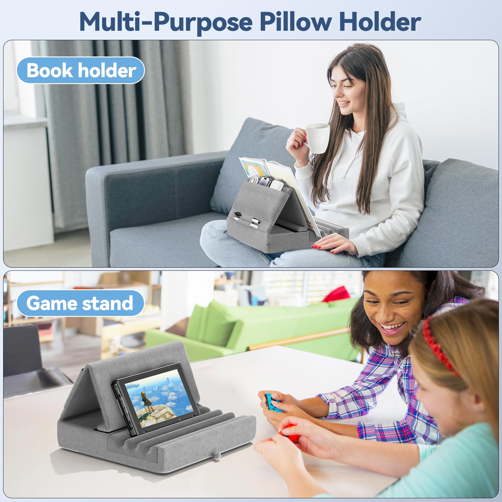 KDD Tablet Pillow Holder, Foldable iPad Stand for Lap, Bed and Desk -Tablet Soft Pad Dock with Pocket & Stylus Mount Compatible with iPad Pro 12.9, 10.5, 9.7 Air Mini 6 5 4 3, Galaxy Tab,E-Reader