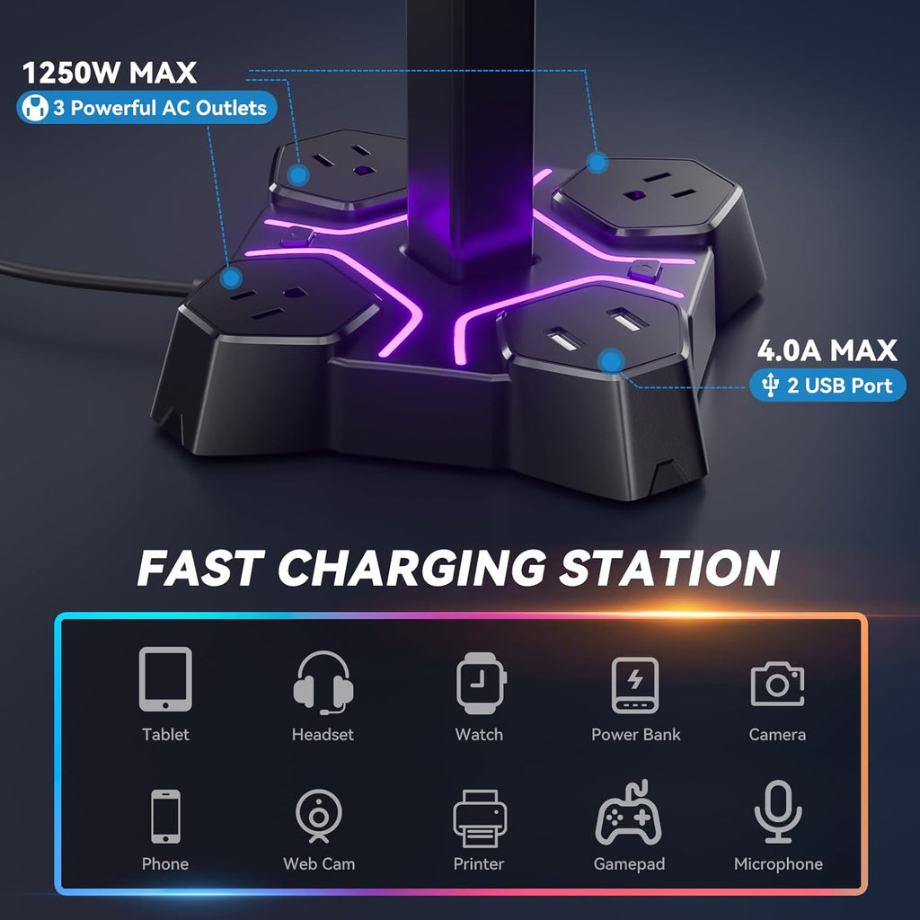 KDD Headphone Stand & Controller Holder for Desk & RGB Headphone Stand with USB Charger - Headphone Holder with 2 USB Charging Ports and 3 AC Outlets