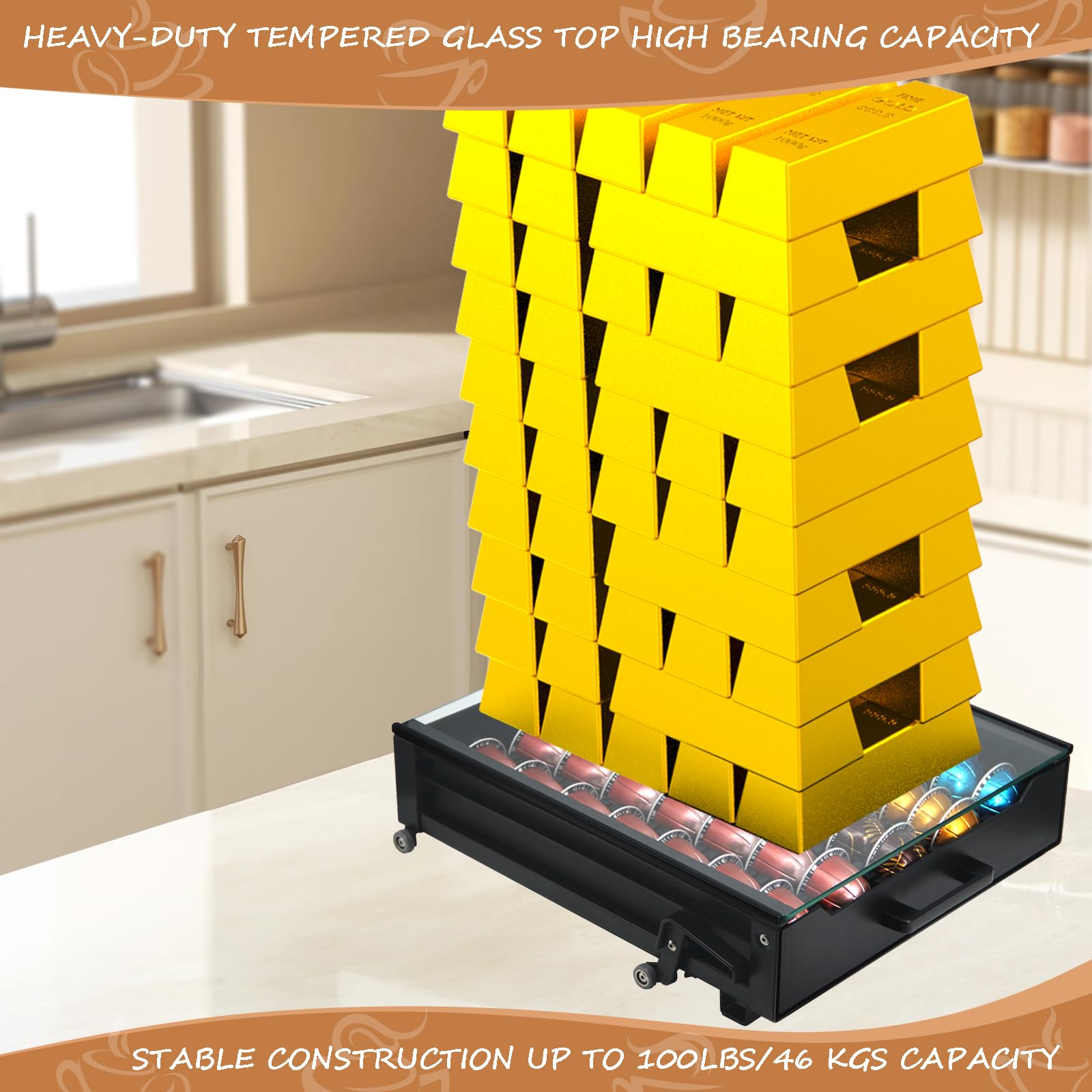 Vertuo Pod Holder Drawer with Deluxe Black Tempered Glass Top, Compatible for Nespresso VertuoLine Pods, Holds up to 75 Small or 50 Big Vertuo Pods Compact Design (Piano Black Nespresso Pods Holder)