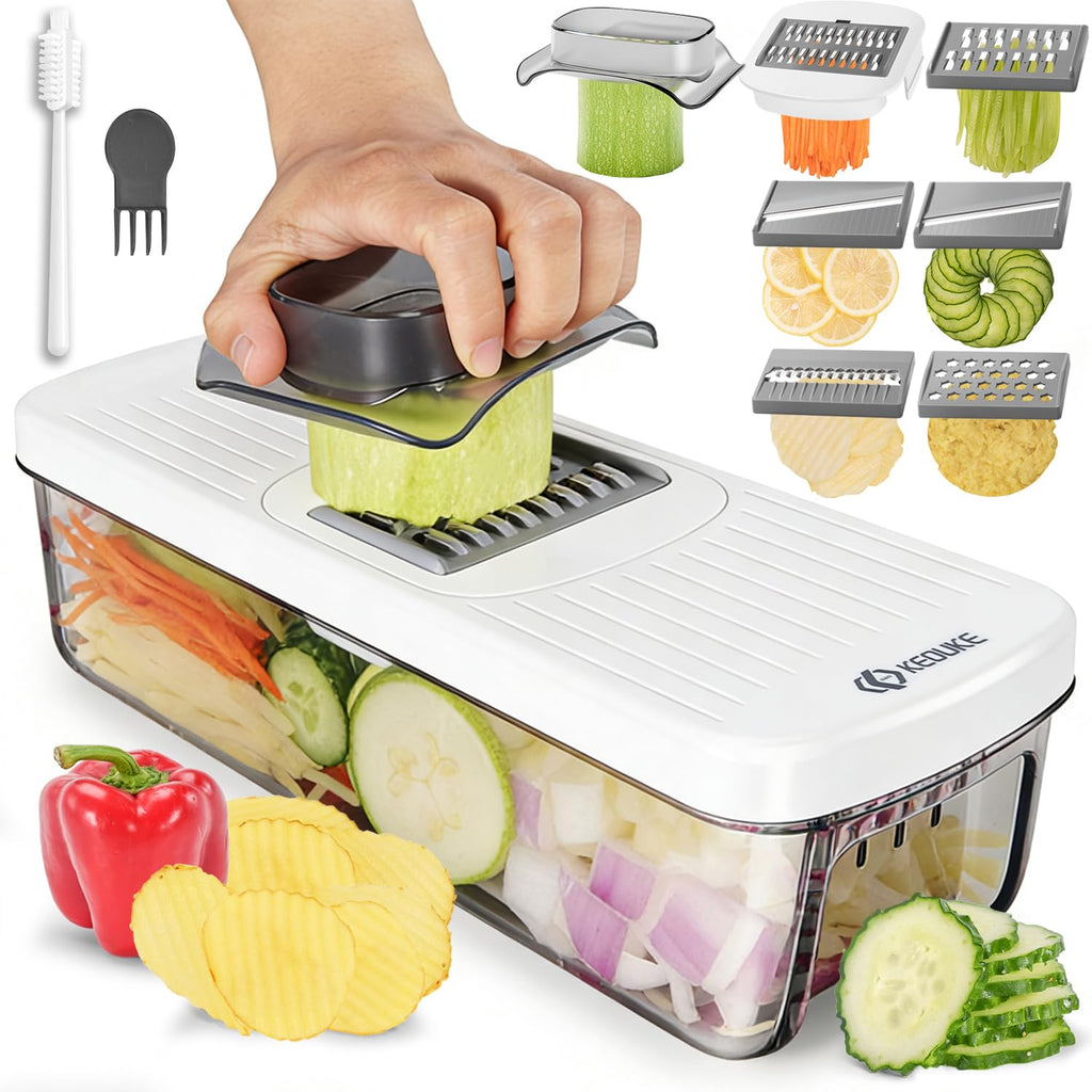 KEOUKE 8-in-1 Vertical Vegetable Chopper Mandoline Slicer with Container White - Safe Tap Out Dicer with Hand Guard for Kitchen Easy Food Prep, Onion Potato Veggie Fruit