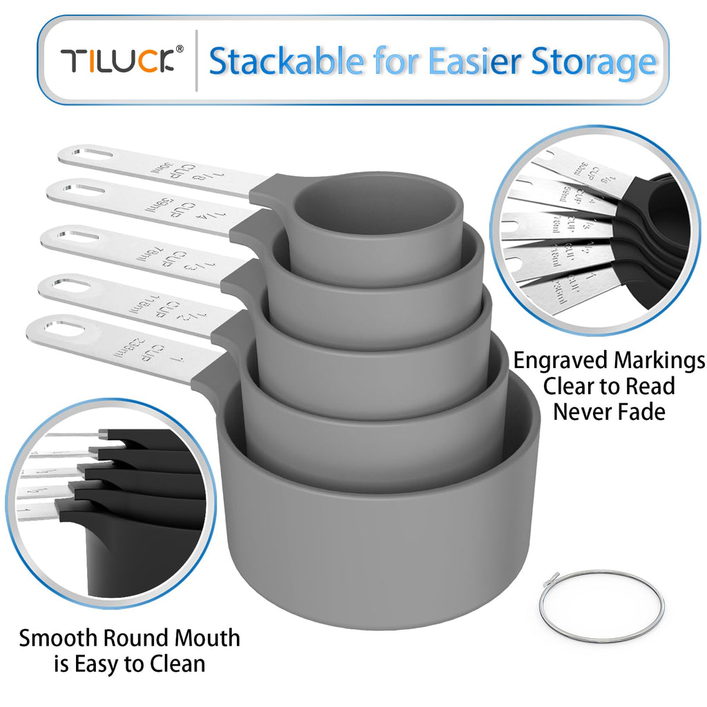 TILUCK Measuring Cups & Spoons Set, Stackable Cups and Spoons, Nesting Measure Cups with Stainless Steel Handle, Kitchen Gadgets for Cooking & Baking (Black)