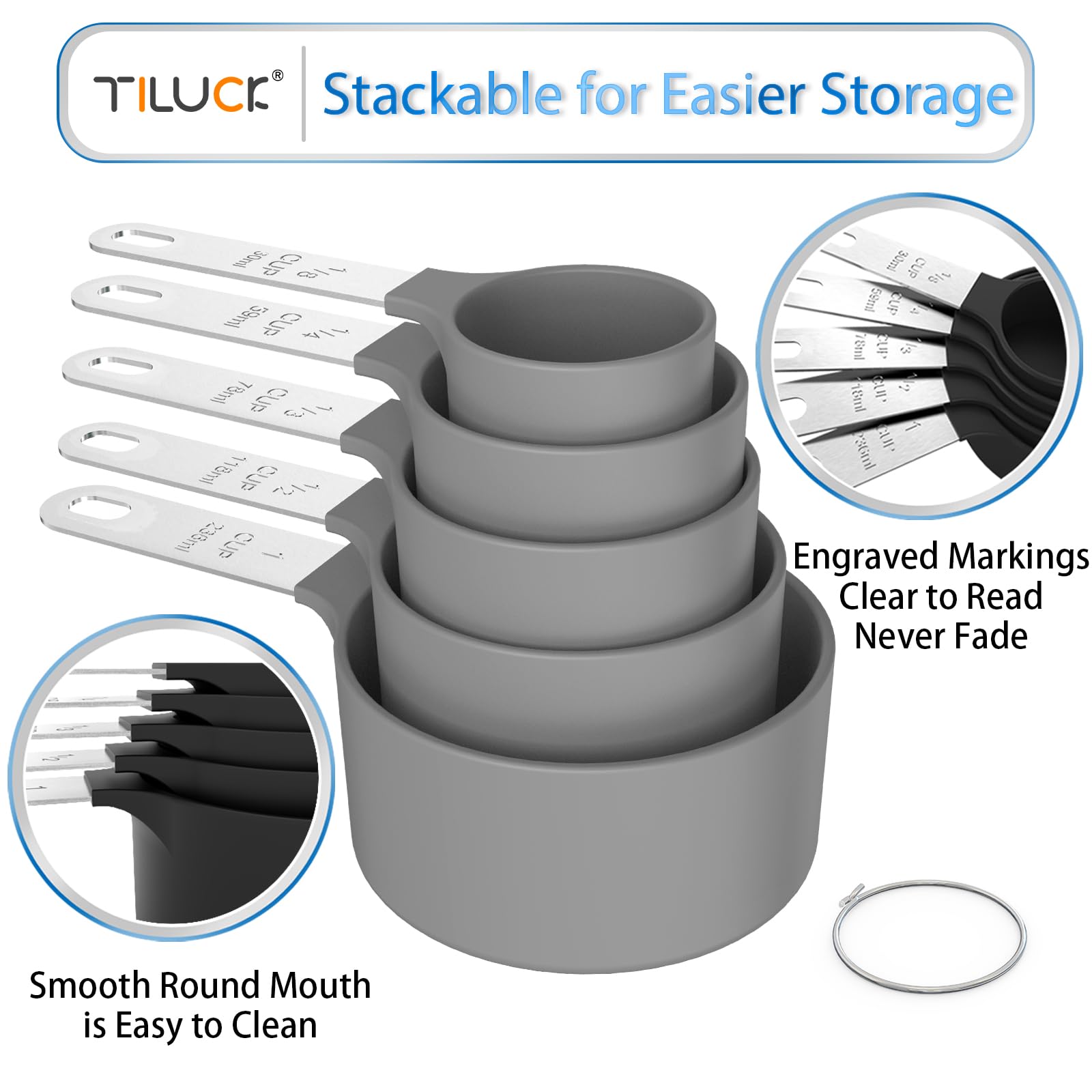 TILUCK Measuring Cups & Spoons Set, Stackable Cups and Spoons, Nesting Measure Cups with Stainless Steel Handle, Kitchen Gadgets for Cooking & Baking (Black)