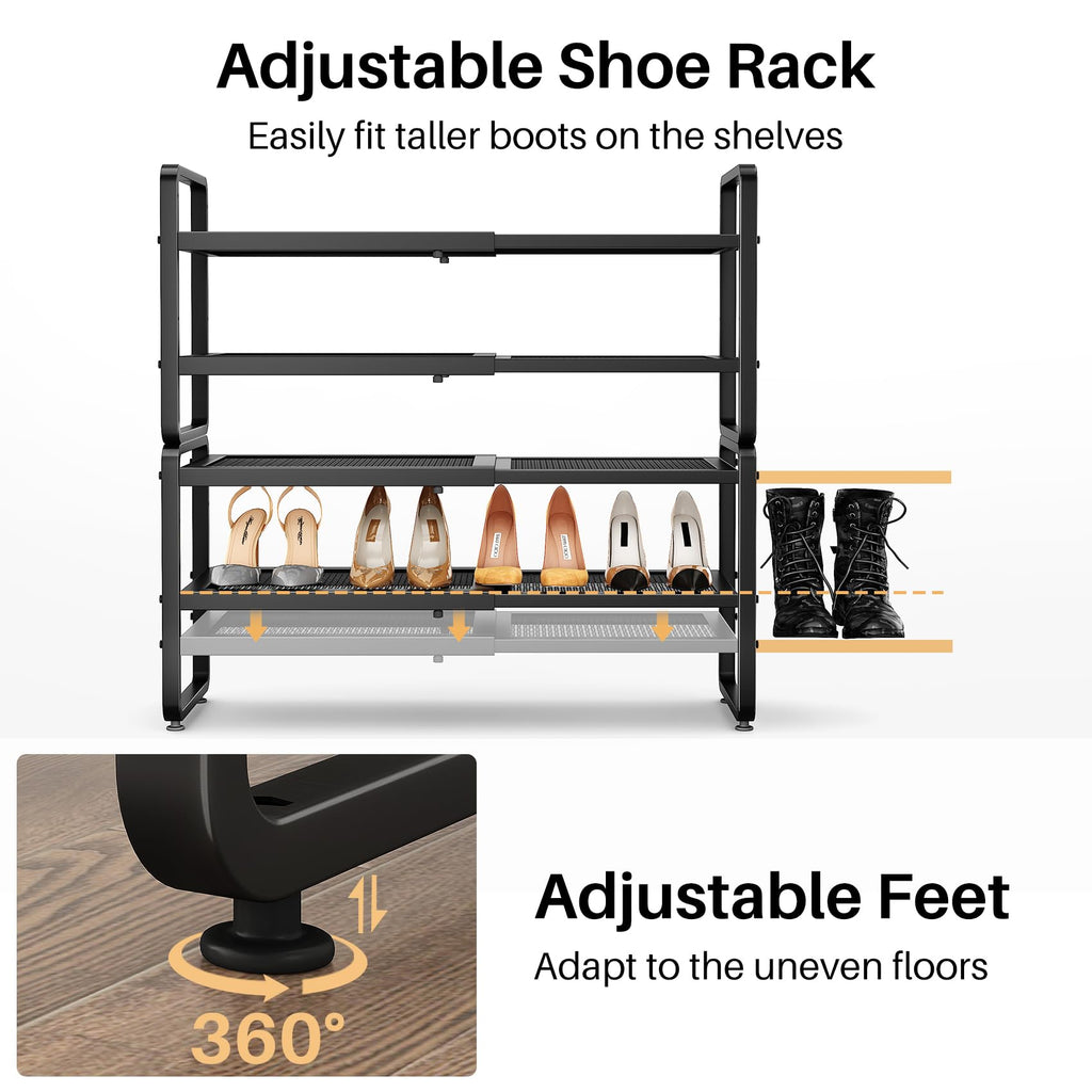 SNTD Shoe Rack - Expandable Shoe Organizer for Closet, Adjustable Metal Shoe Shelf Storage, Stackable Long Shoe Stand Holder for Garage, Entryway, Door Entrance (Black, 2-Tier)