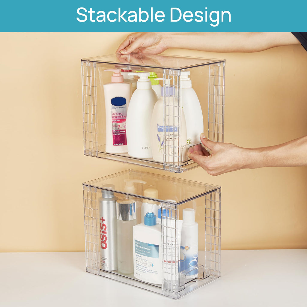 Vtopmart 4 Pack Stackable Storage Drawers,Clear Acrylic Drawer Organizers with Handles, Easily Assemble for Fridge, Bathroom,Kitchen Undersink,Cabinet,Pantry Organization and Storage
