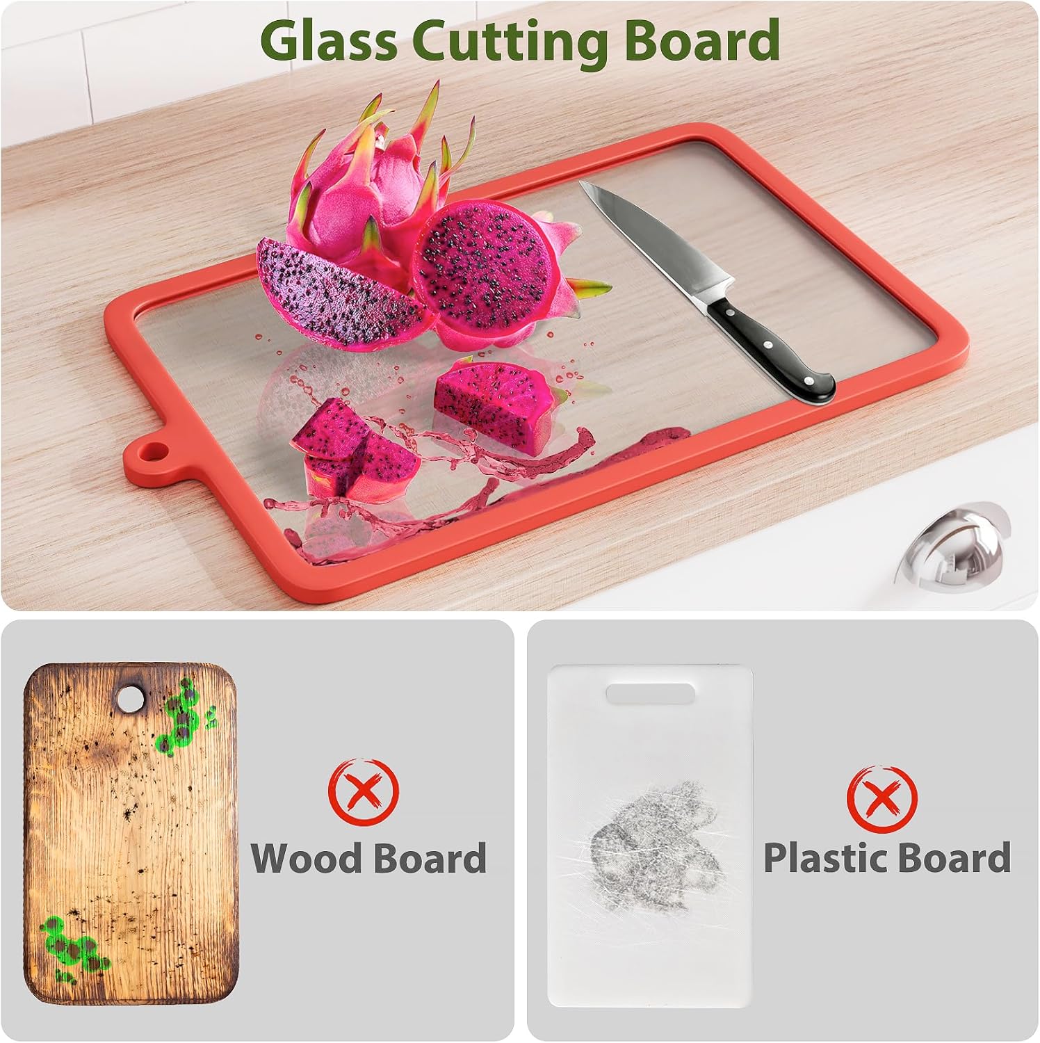 Cutting Board, Freshmage Glass Cutting Boards for Kitchen, 2Pcs Chopping Board Set with Non-Slip Edges & Hanging Hole, Dishwasher- Safe Clear Cutting Board for Countertop, Meal Prep & Serving