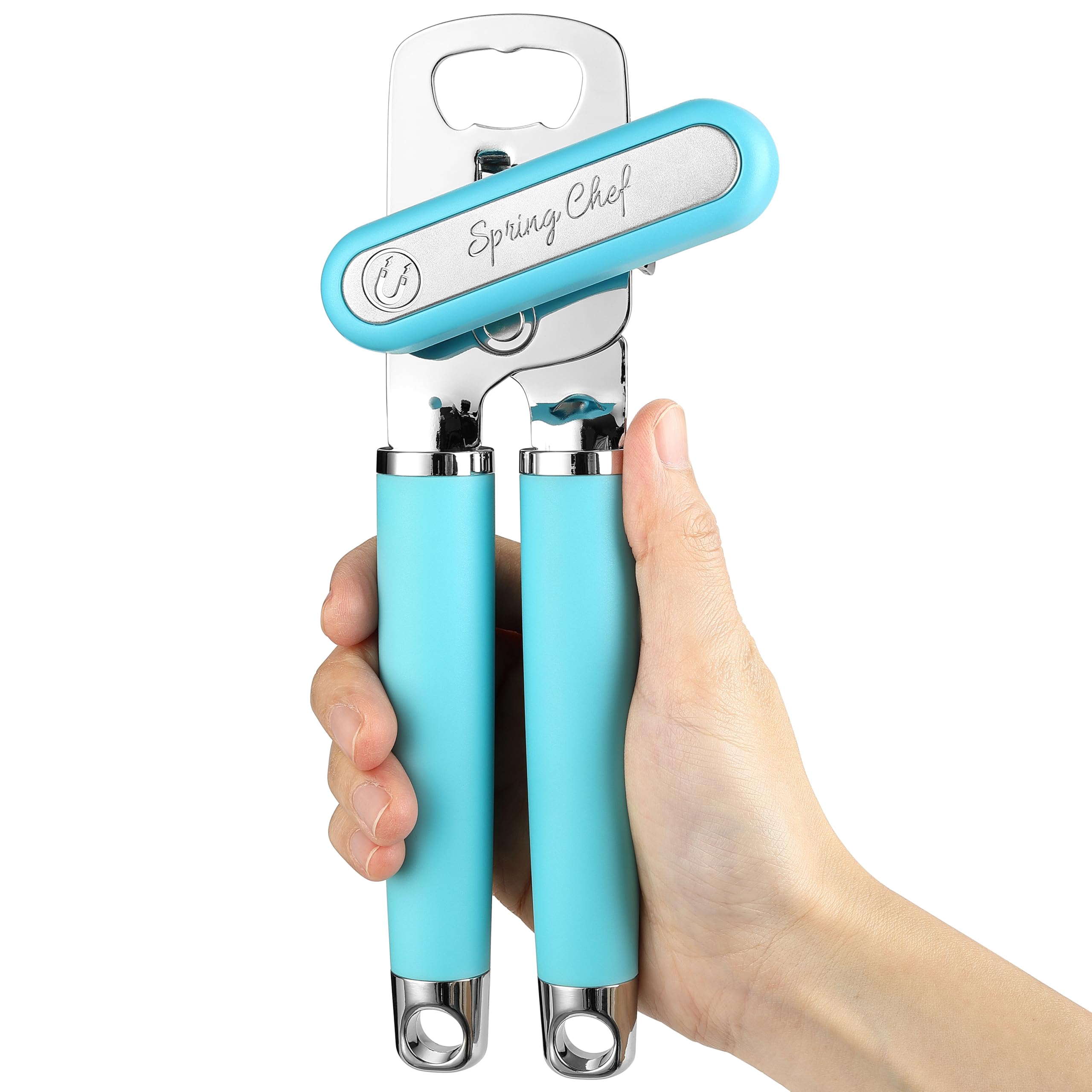 Spring Chef Stainless Steel Can Opener - Manual with Soft Grip Handles, Easy Turn, Heavy Duty Hand Can Openers for Seniors with Smooth Edge - Magnetic Lid Remover - Black