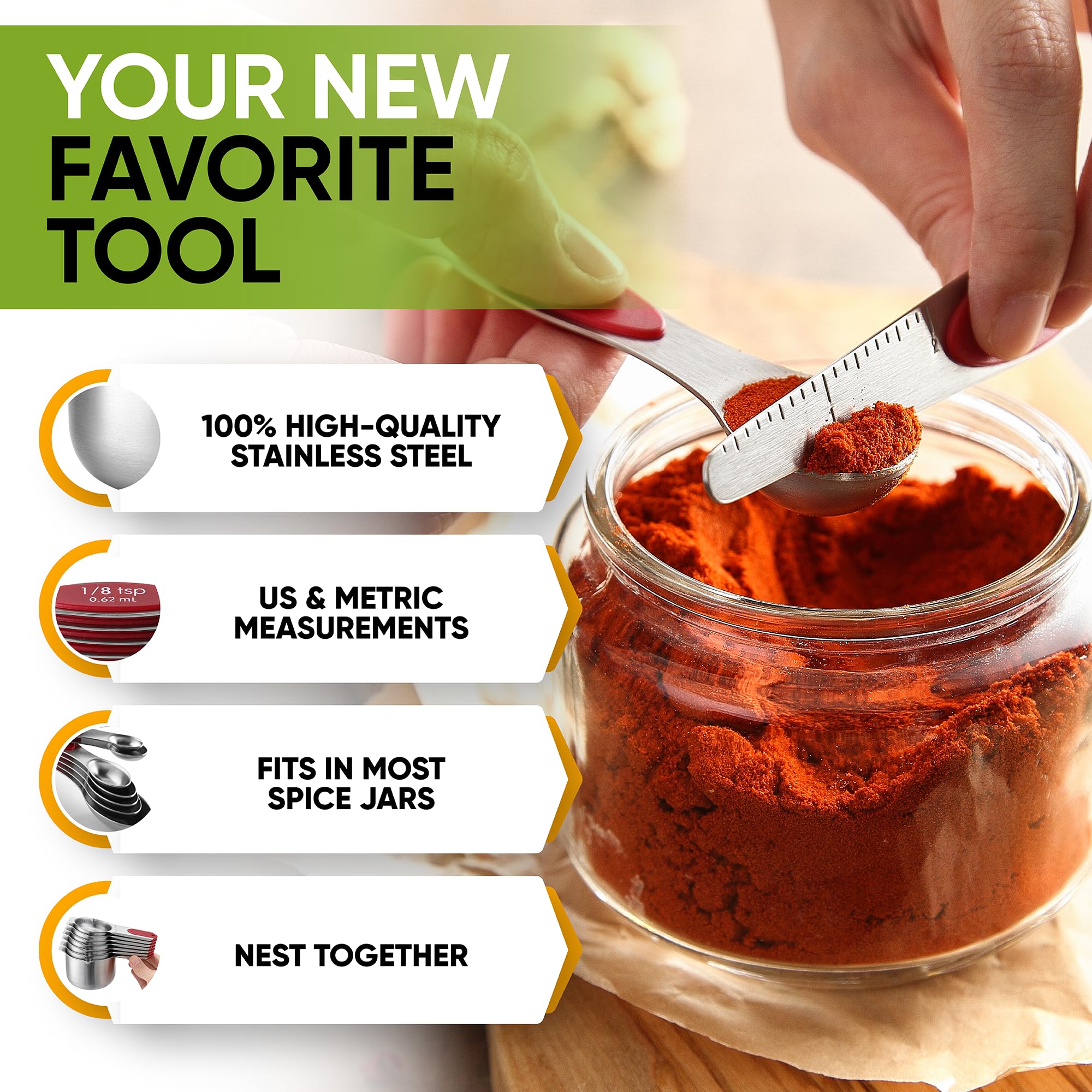 Spring Chef Magnetic Measuring Cups & Spoons Set, Patented, Strong N45 Magnets, Heavy Duty Stainless Steel Fits in Spice Jars for Baking & Cooking, BPA Free, Round Set of 15 with Leveler, Black
