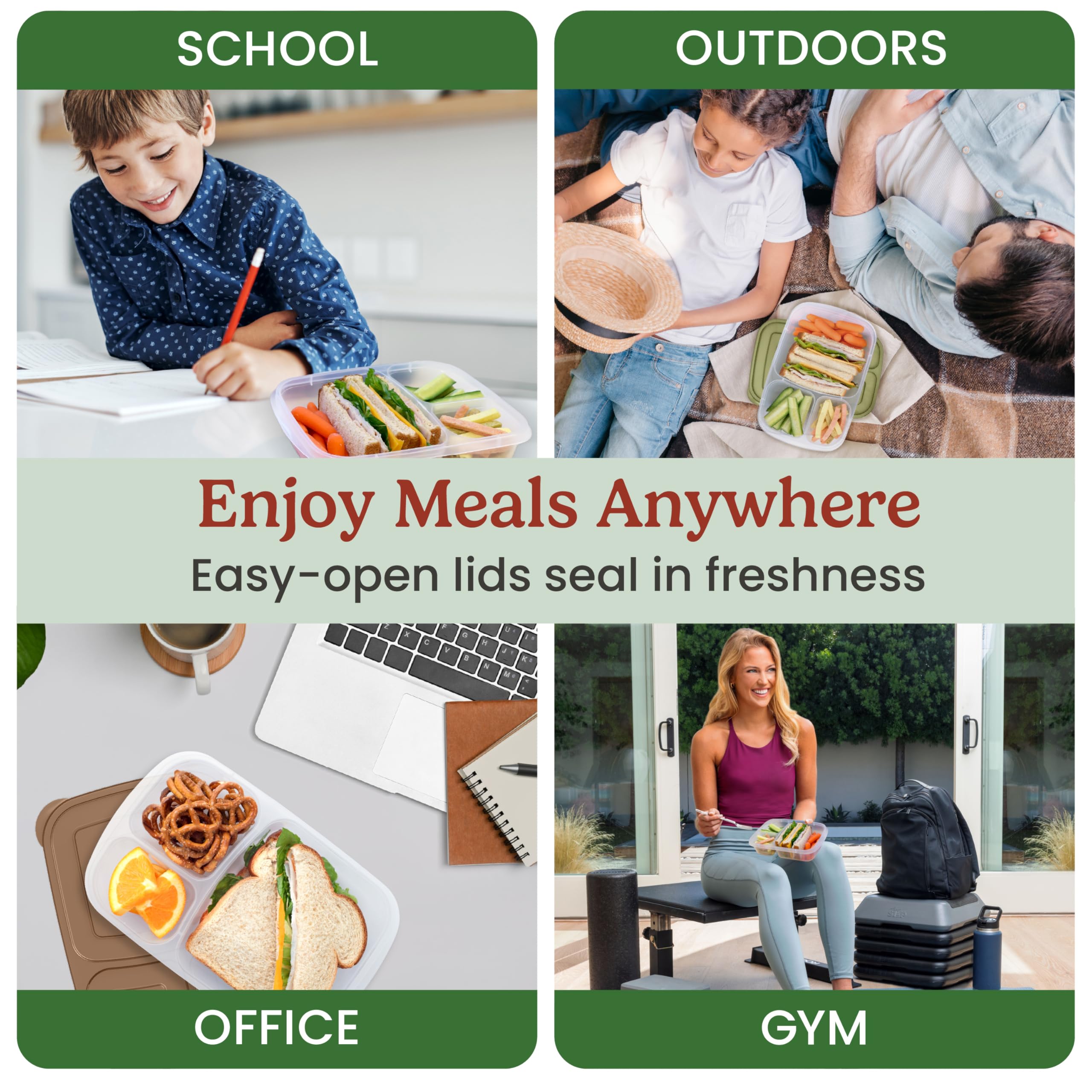 Bentgo Easyboxes - Original Stackable Lunch Boxes - Reusable 3-Compartment Food Containers for Kids and Adults - Bento Lunch Box for Meal Prep, School, & Work - BPA Free, Set of 4 (Classic)