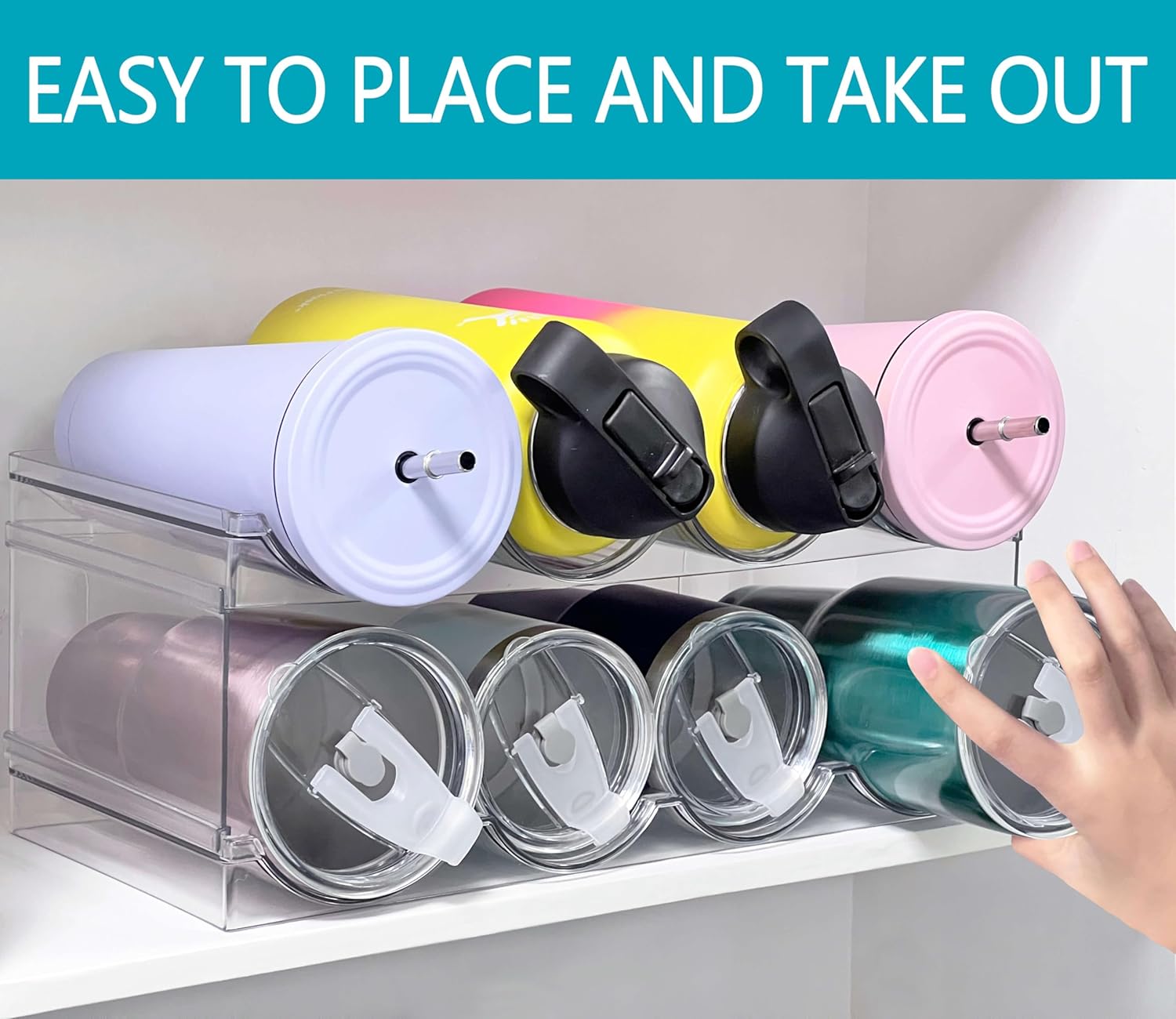 Homecor Water Bottle Organizer, Large Compartment Stackable Kitchen Pantry Organization and Storage Rack& 2 Pack Acrylic Straw Holder for Cabinet Door