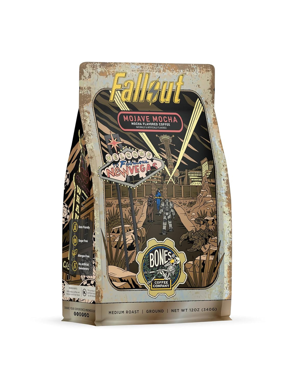 Bones Coffee Company Fallout Mojave Mocha, Mocha Flavored Coffee, Medium Roast Low Acid Arabica Beans Compatible with Auto drip and French Press Coffee Maker, 12 Oz Ground