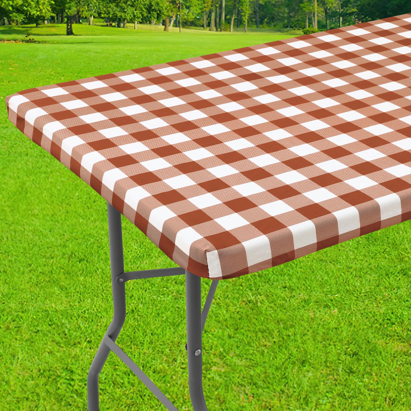 Smiry Rectangle Picnic Table Cloth, Elastic Waterproof Fitted Vinyl Tablecloths, Flannel Backed Buffalo Plaid Table Covers for Dining, Camping, Outdoor (Black and White, 30" x 72")
