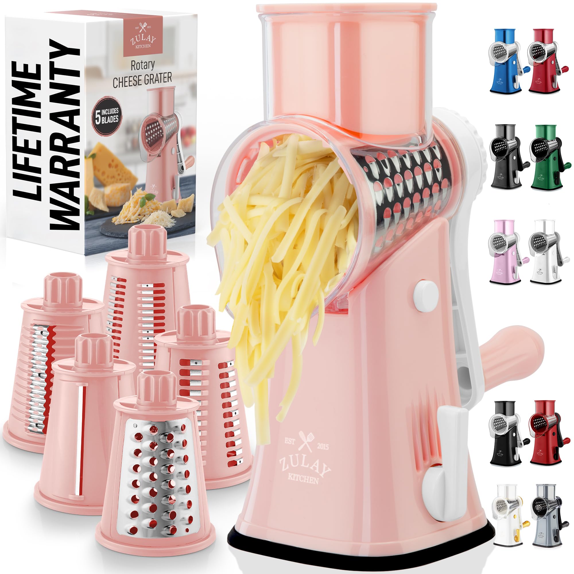 Zulay Kitchen Rotary Cheese Grater 5 Blade Cheese Shredder - Manual Hand Crank Cheese Grater With Reinforced Suction & 5 Interchangeable Drums - Easy to Use, Vegetable Chopper Round Mandoline Slicer