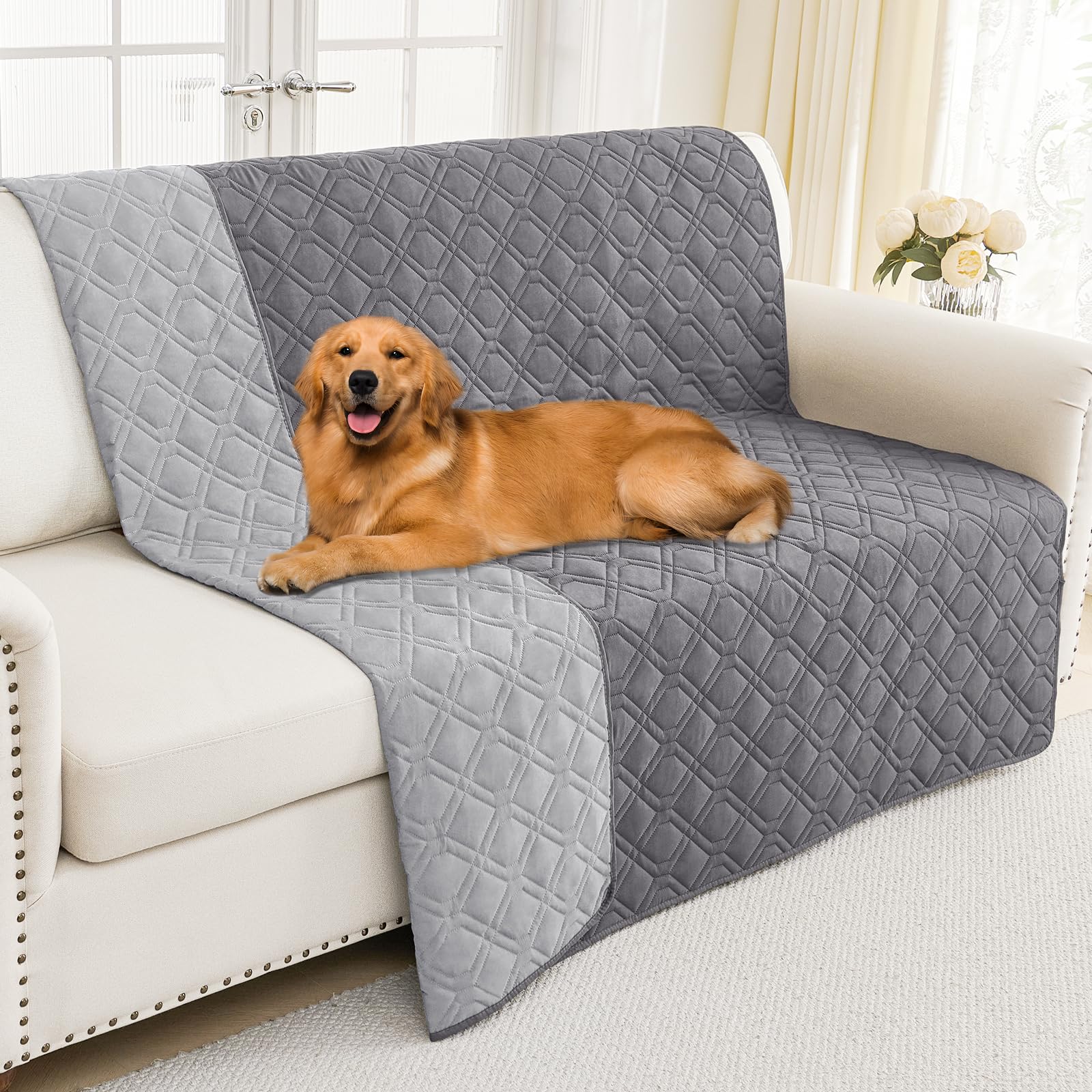 Smiry Waterproof Couch Covers for Dogs Washable, Reversible Pet Couch Covers for 3 Cushion Sofa Pet Friendly, Soft Sofa Furniture Protector for Dogs Cat Kids, Checkered (30"x70", Grey/Dark Grey)