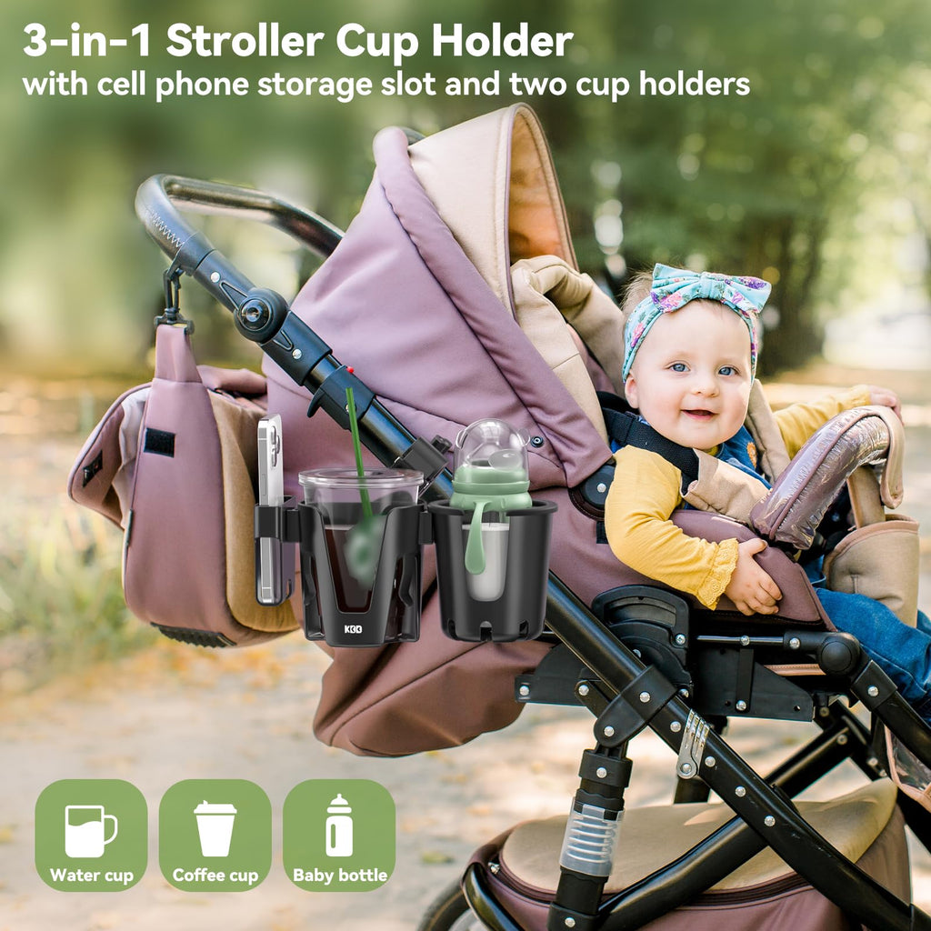 KDD Stroller Cup Holder with Phone Holder, 3-in-1 Removable Bottle Holder, 360 Degrees Rotation Drink Holder for Wheelchair, Stroller, Bike, Walker, Scooter, Bicycle, Uppababy, Bugaboo, Britax