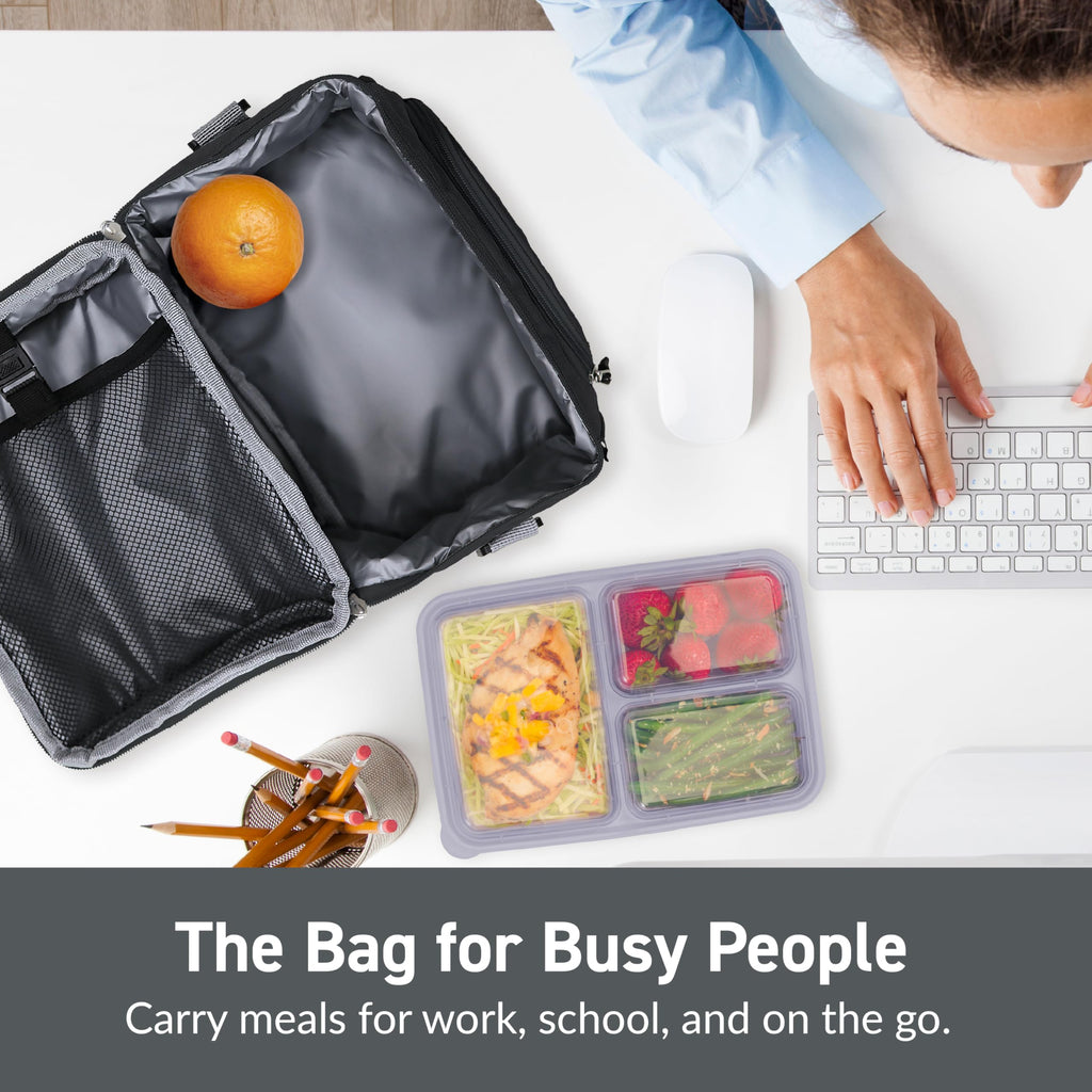 Bentgo® Deluxe Lunch Bag - Durable and Insulated Lunch Tote with Zippered Outer Pocket, Internal Mesh Pocket, Padded & Adjustable Straps, & 2-Way Zippers - Fits Most Lunch Boxes (Carbon Black)