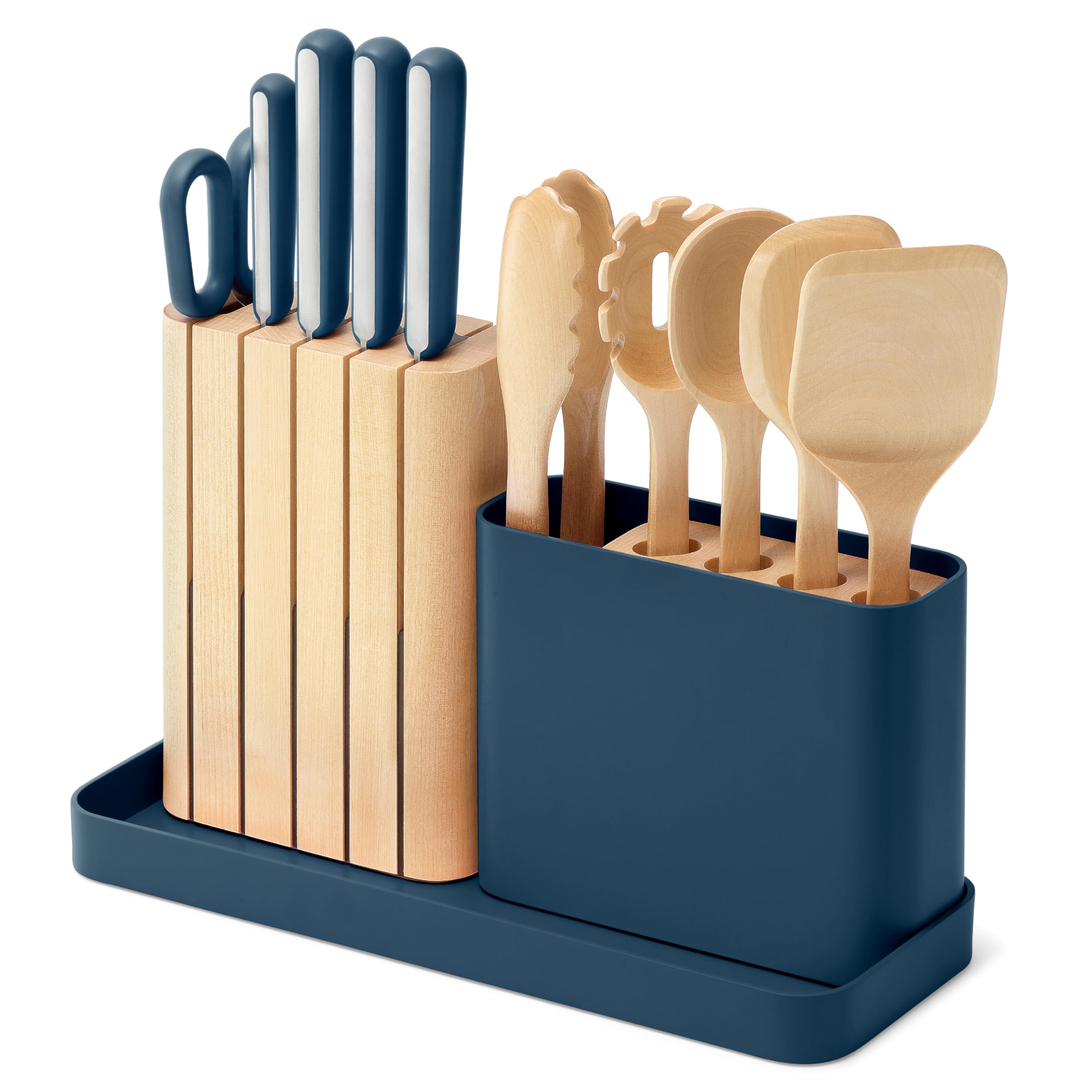 Caraway 14-Piece Kitchen Prep Set - Kitchen Knife Set & Wooden Utensil Set - Made With Premium German Steel Blades & FSC-Certified Birch Wood - Non-Toxic Materials - Includes Organizer - Cream