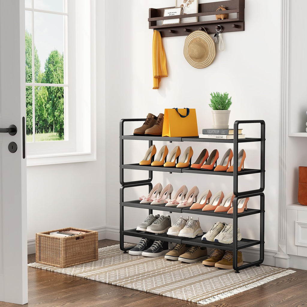 SNTD Shoe Rack - Expandable Shoe Organizer for Closet, Adjustable Metal Shoe Shelf Storage, Stackable Long Shoe Stand Holder for Garage, Entryway, Door Entrance (Black, 2-Tier)