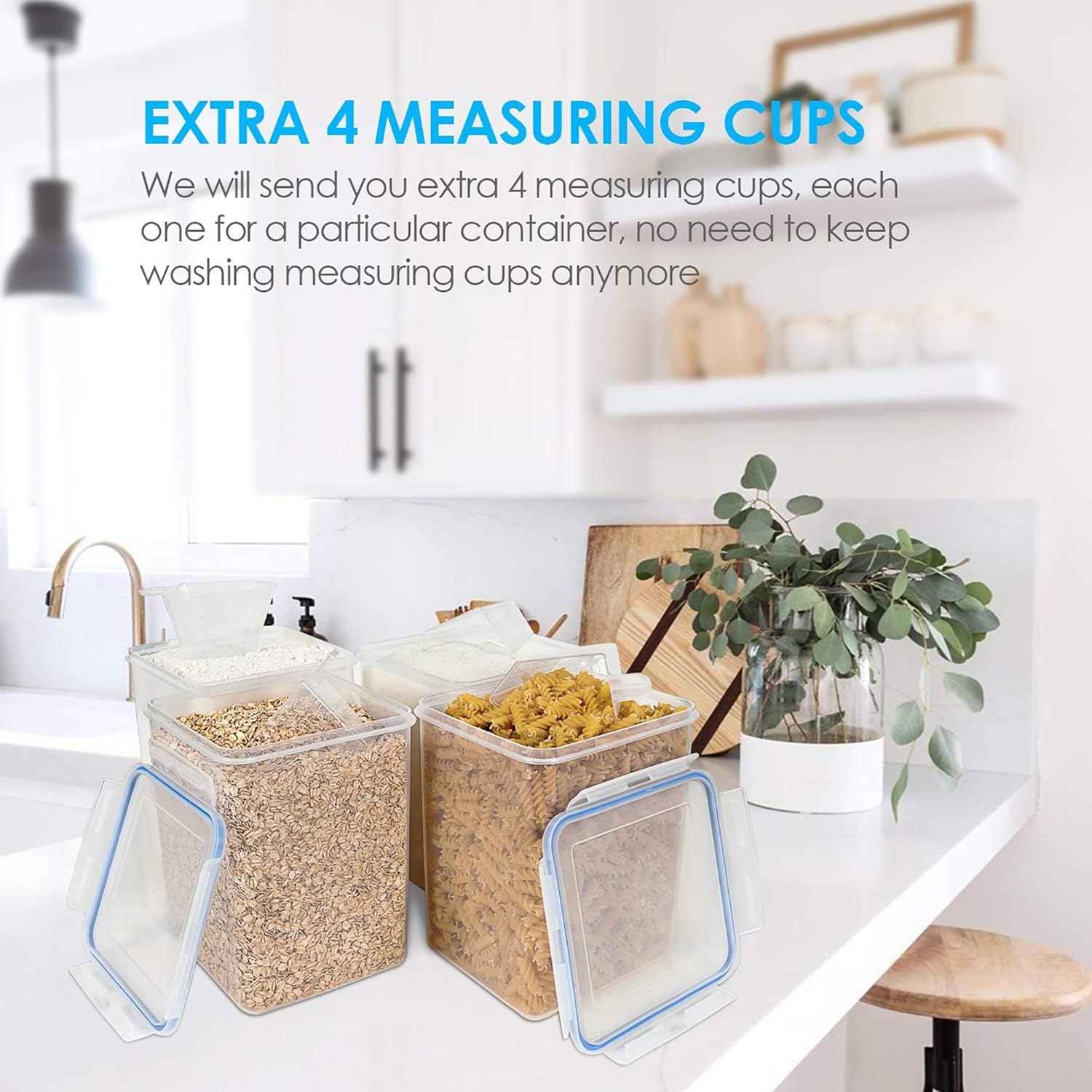 Vtopmart Large Food Storage Containers 5.2L / 175oz, 4 Pieces BPA Free Plastic Airtight Canisters for Flour, Sugar, Baking Supplies, Rice with Lids, 4 Measuring Cups and 24 Labels, Blue