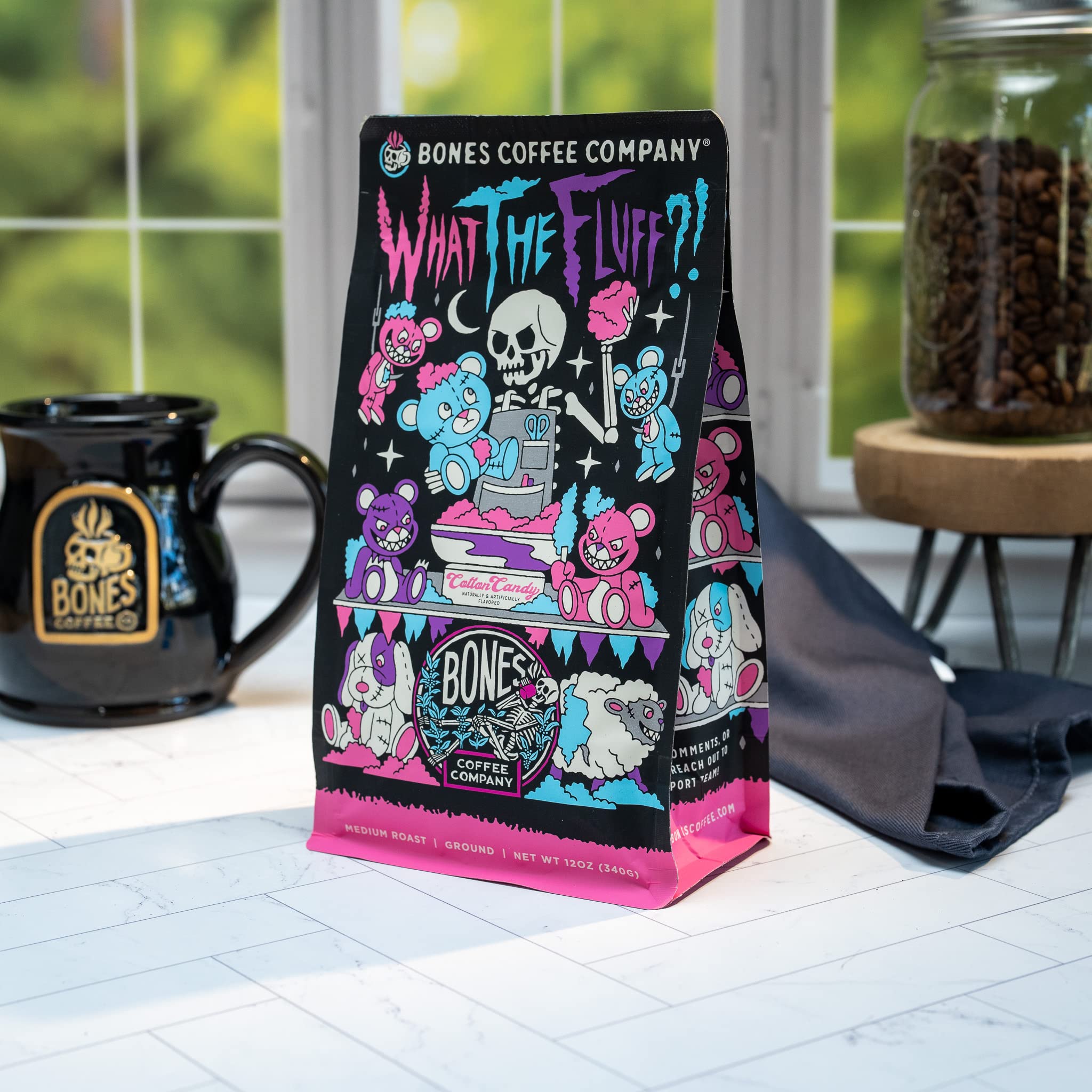 Bones Coffee Company Highland Grog, Butterscotch Caramel Flavored Coffee, Medium Roast Low Acid Arabica Beans Compatible with Auto drip and French Press Coffee Maker, 12 Oz Ground