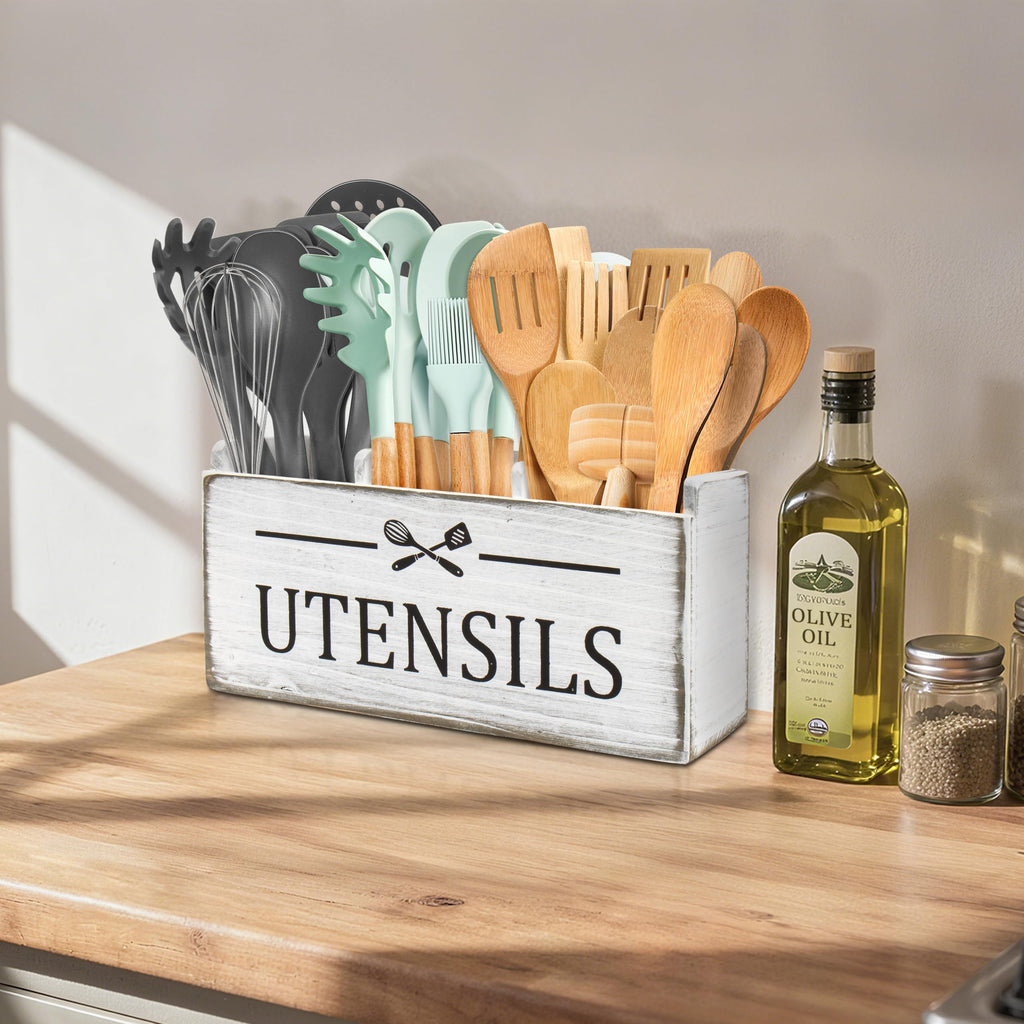 RedCall Wooden Kitchen Utensil Holder for Counter-top,Large Utensil Organizer for Storage Cooking Tool and Silverware,Extra Large Rustic Wood Container (Black)