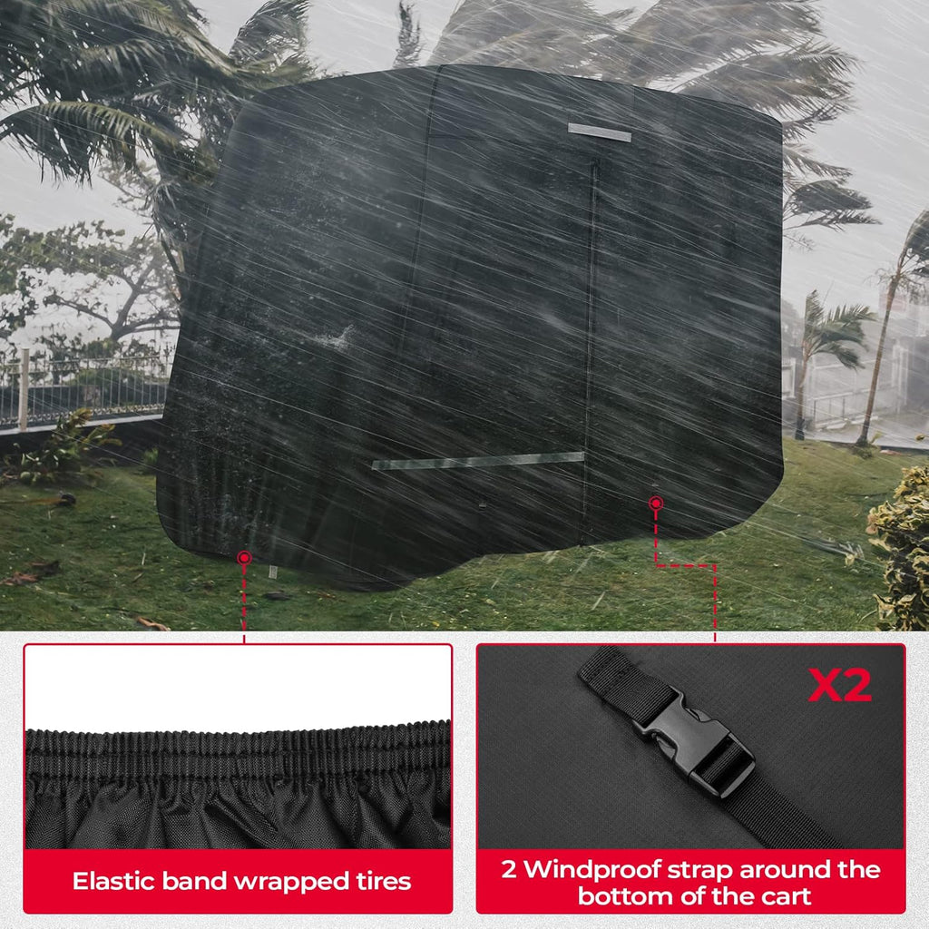 KEMIMOTO 600D Waterproof Golf Cart Cover, Universal Heavy Duty Large 2/2+2/4-Seater Golf Cart Rain Cover with Storage Bag Compatible with EZGO Club Car 2/2+2/4 Passenger, Black