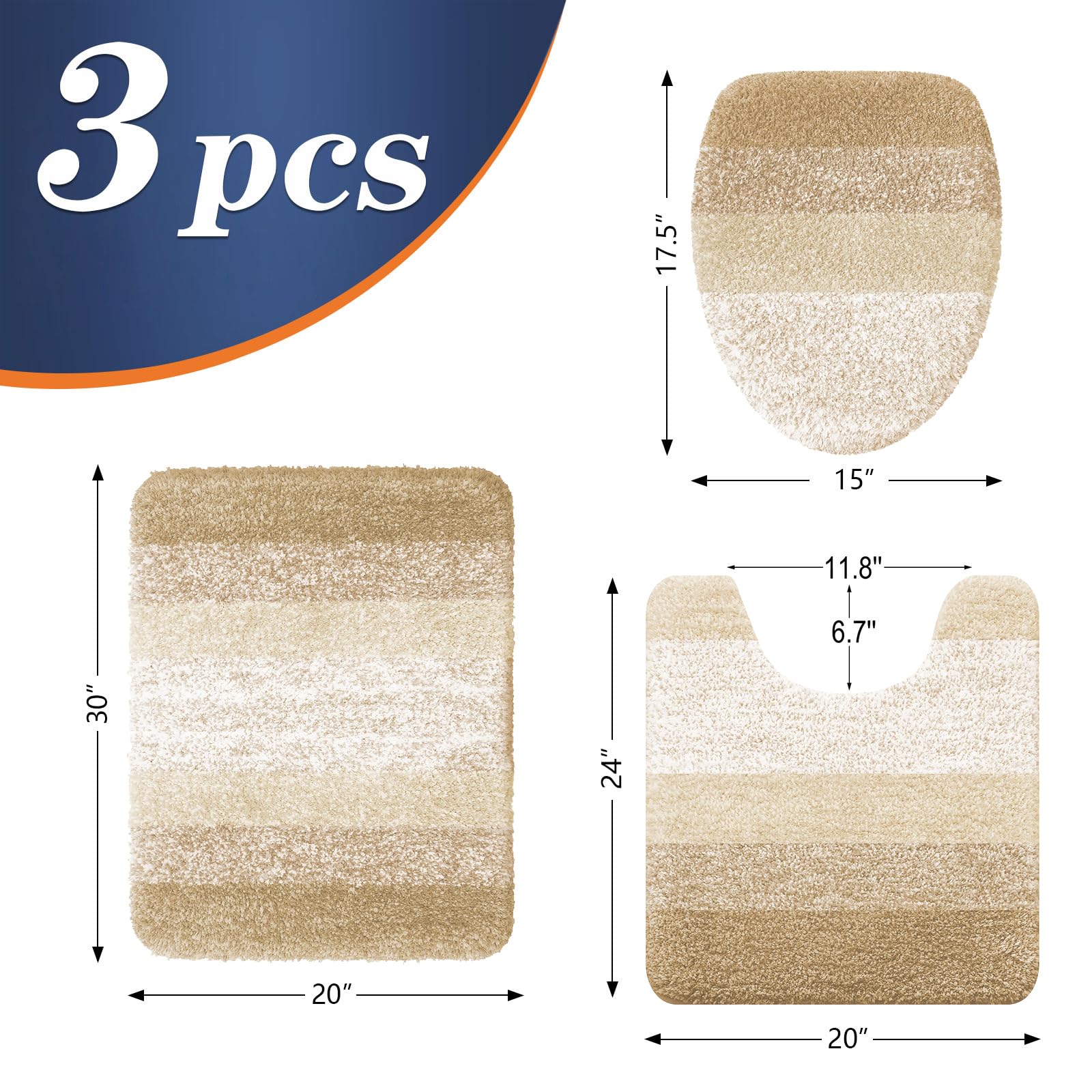 OLANLY Bathroom Rugs Sets 3 Piece, Soft Microfiber Absorbent Bath Mat, U-Shaped Contour Toilet Mat and Toilet Lid Cover, Quick Dry, Machine Washable, Toilet Cover and Rug Set for Bathroom, Grey