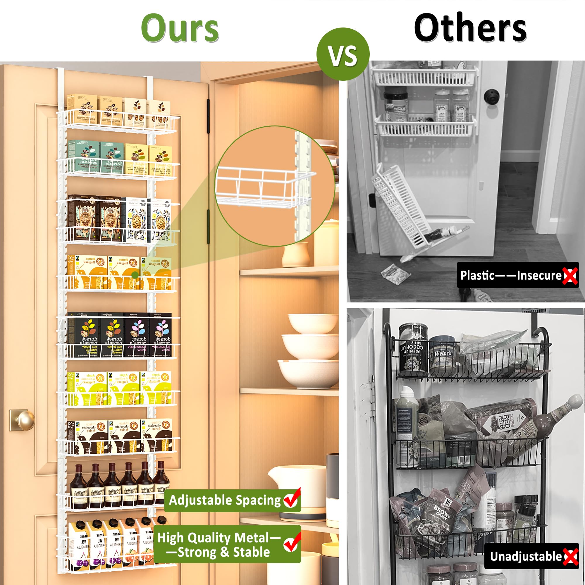 Churboro Over the Door Pantry Organizer Rack with 9 Adjustable Baskets, 9 Tiers Dual-use Hanging or Wall Mount Spice Rack Organizer, Black