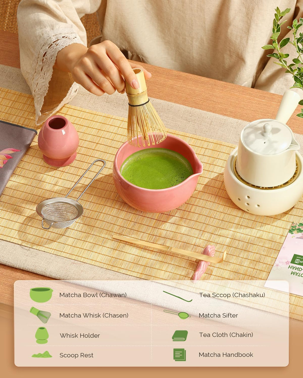 Maestri House Pink Matcha Whisk Set, 7-Pc Complete Matcha Kit with Spouted Ceramic Bowl, Bamboo Whisk and Holder, Scoop, Spoon Rest & Sifter, Tea Cloth – Ideal Gift for Matcha Lovers (Pink)