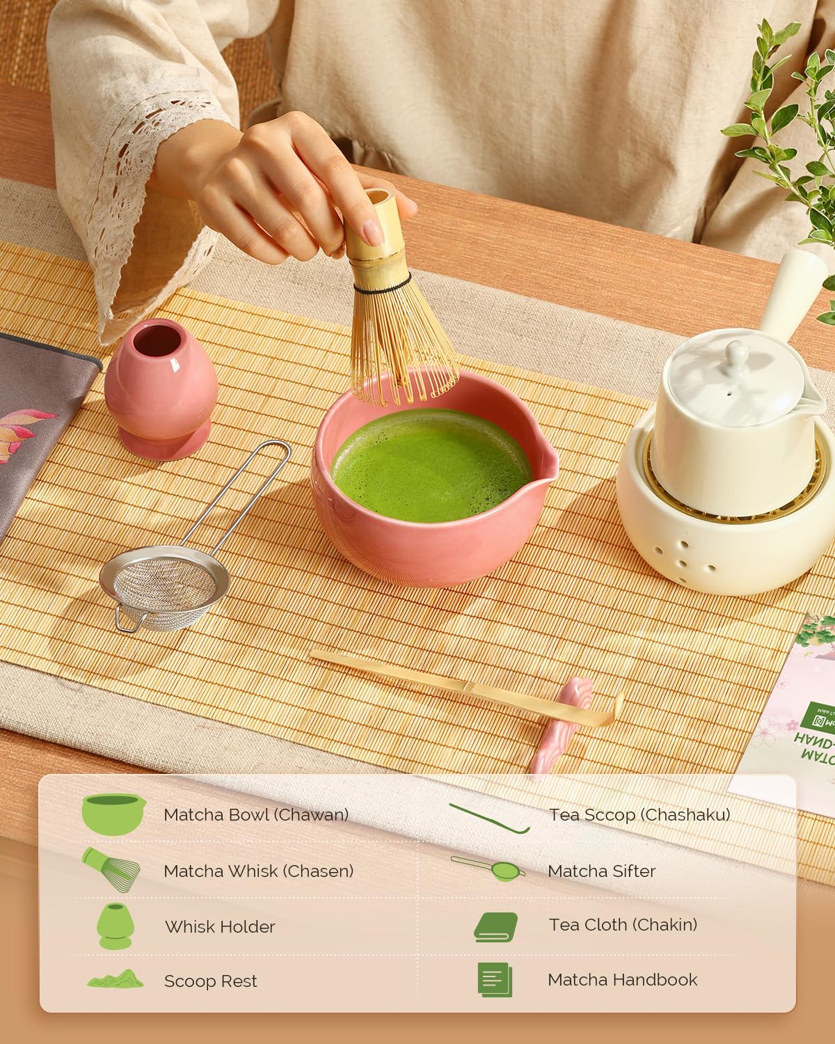 Maestri House Pink Matcha Whisk Set, 7-Pc Complete Matcha Kit with Spouted Ceramic Bowl, Bamboo Whisk and Holder, Scoop, Spoon Rest & Sifter, Tea Cloth – Ideal Gift for Matcha Lovers (Pink)