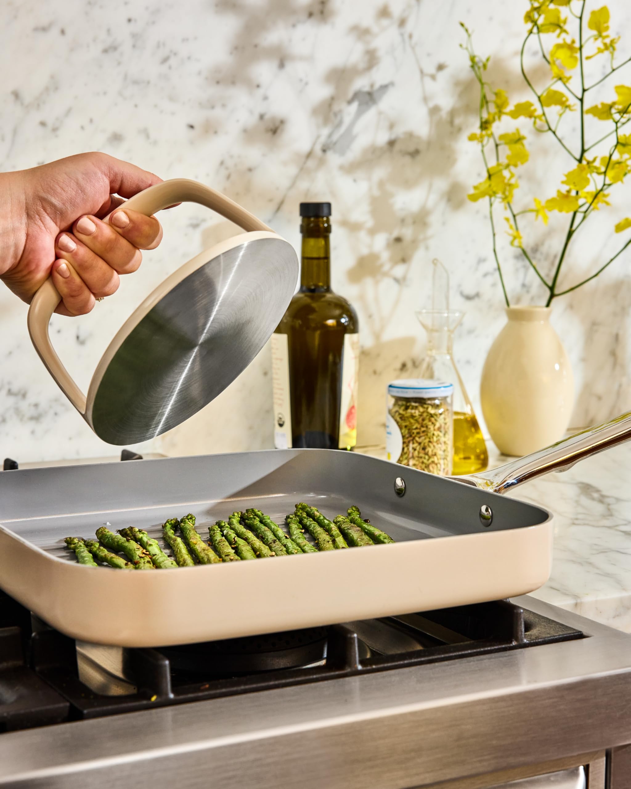 Caraway Grill Press with Handle - 100% Stainless Steel Body - Safe for Use with Pans and Grills - Ideal for Meat, Salmon, Tofu, Veggies - Sage