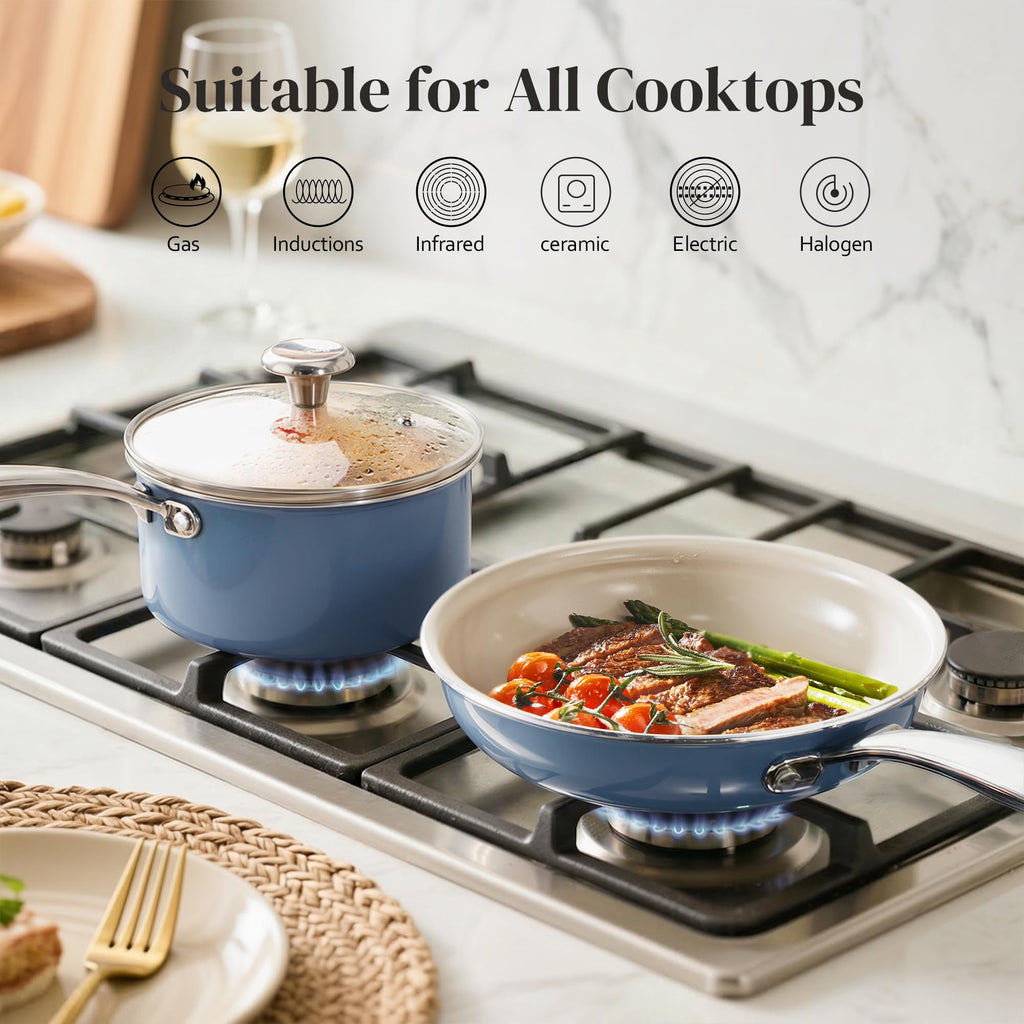 Redchef Sauce Pan & Frying Pan Set, 8" Ceramic Nonstick Fryingpan & 2.5Qt Saucepan with Lid, Mini Cookware Set, Induction Compatible, Nontoxic PTFE PFOA Free, Oven & Dishwasher Safe, Beige