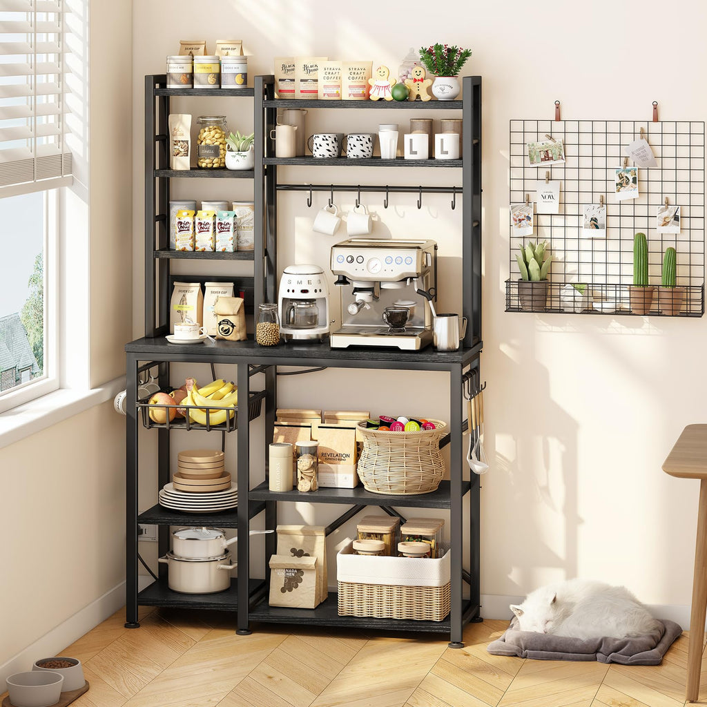 Baker Rack with Power Outlet - Microwave Stand with Storage, Large Coffee Bar Station with 14 Hooks, Metal Kitchen Shelf Rack for Spices, Pots (Rustic Brown) | with Power Outlet, with Storage, with 14 Hooks, for Spices, for Pots