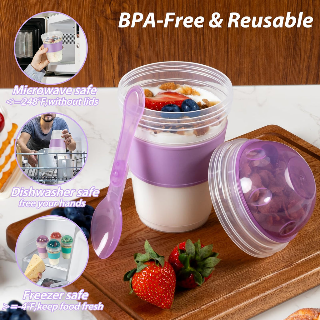 Freshmage Yogurt Parfait Cups with Lids, 2 Pack 20 oz Reusable Overnight Oats Containers with Lids, Topping Compartment & Spoon to Go for Breakfast Meal Prep, Portable & Lightweight (Blue&Green)