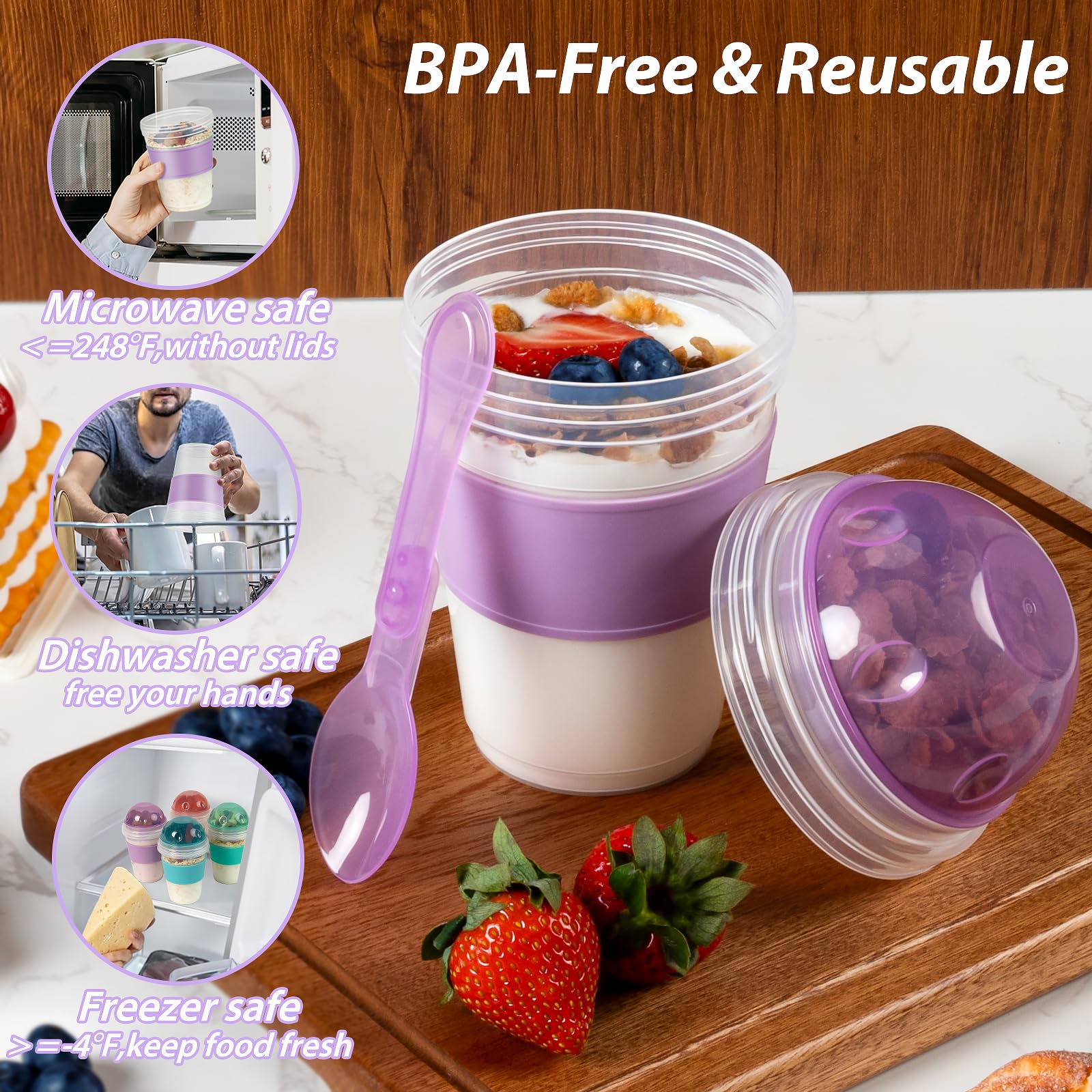 Freshmage Yogurt Parfait Cups with Lids, 2 Pack 20 oz Reusable Overnight Oats Containers with Lids, Topping Compartment & Spoon to Go for Breakfast Meal Prep, Portable & Lightweight (Blue&Green)