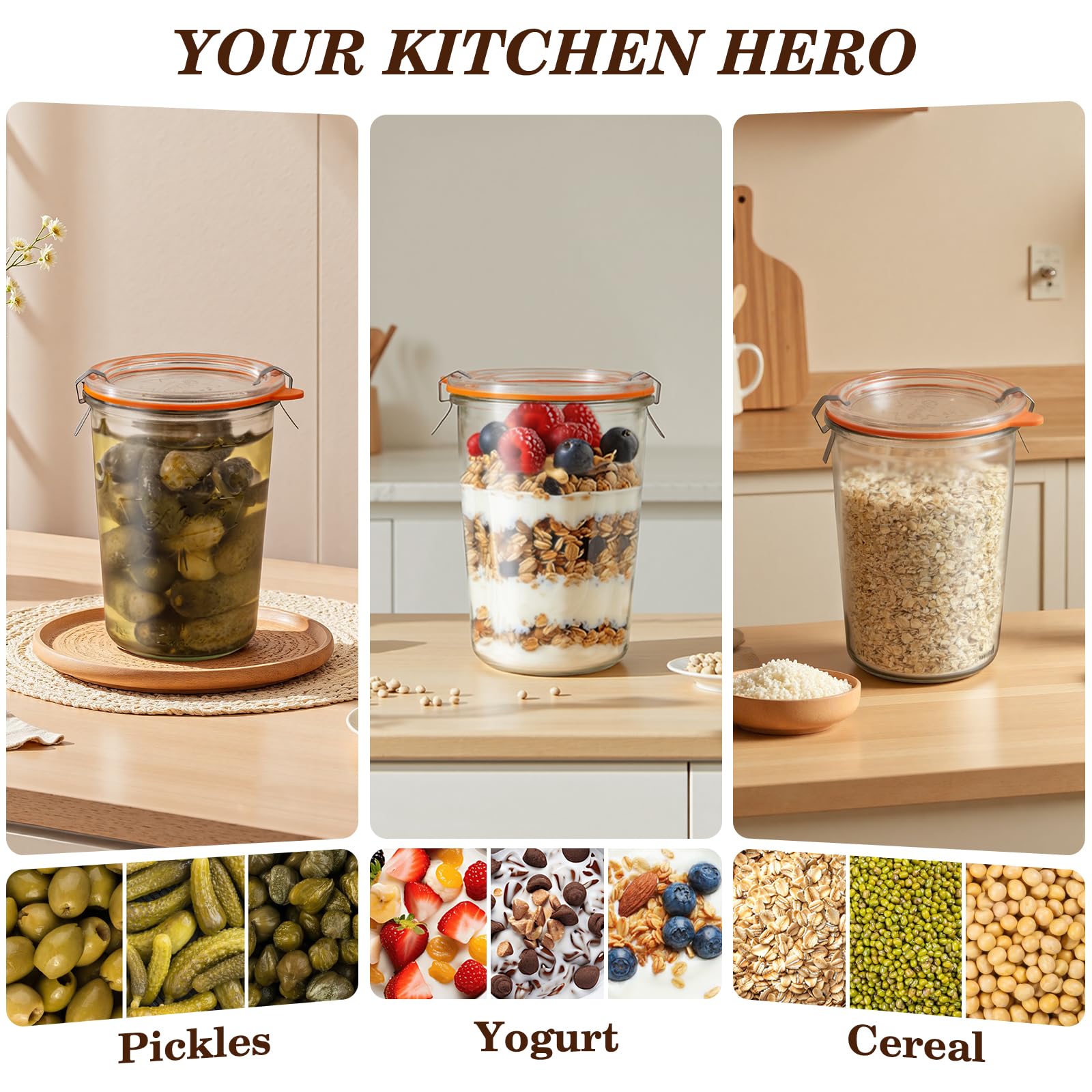 Freshmage Canning Jars 27 oz 2 Pack, Sourdough Starter Jars with 2 Lids Per Jar (Glass Sealing Lid & Plastic Lid), 800ML Wide Mouth Airtight Glass Storage Containers for Pickles, Yogurt, Pasta, Cereal